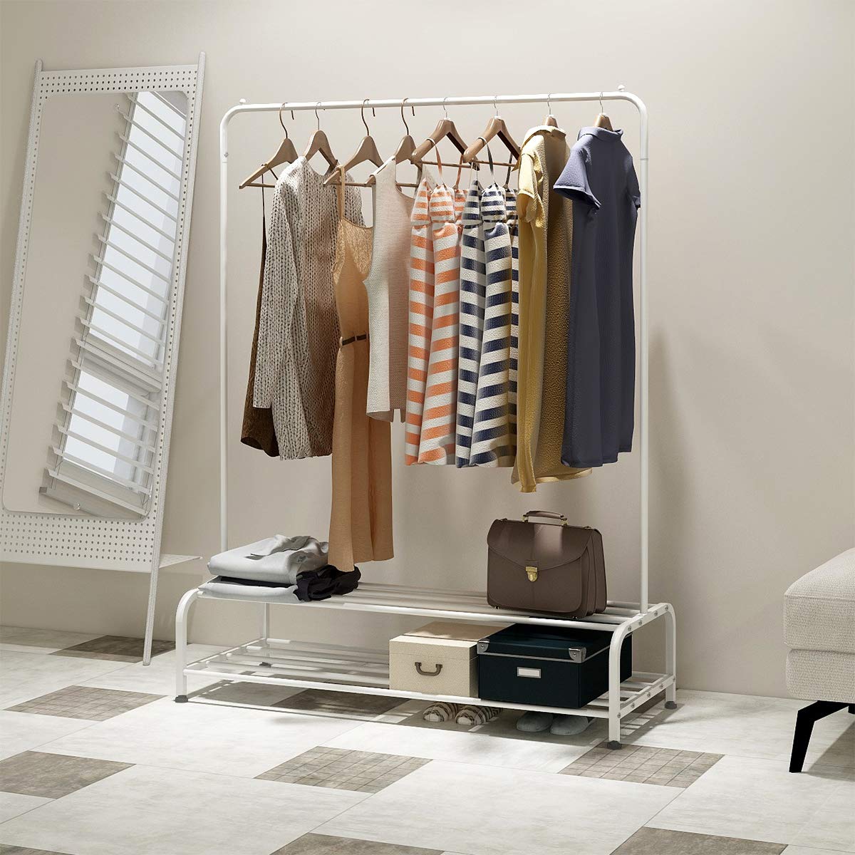 **Heavy Duty Metal Garment Rack with Shelves - Adjustable Clothes Hanging Organizer for Shirts, Towels & Drying - Includes Top Rod & Lower Storage Shelf for Shoes, Boots & Boxes - Perfect for Closet, Laundry Room & Bedroom Organization (White)**