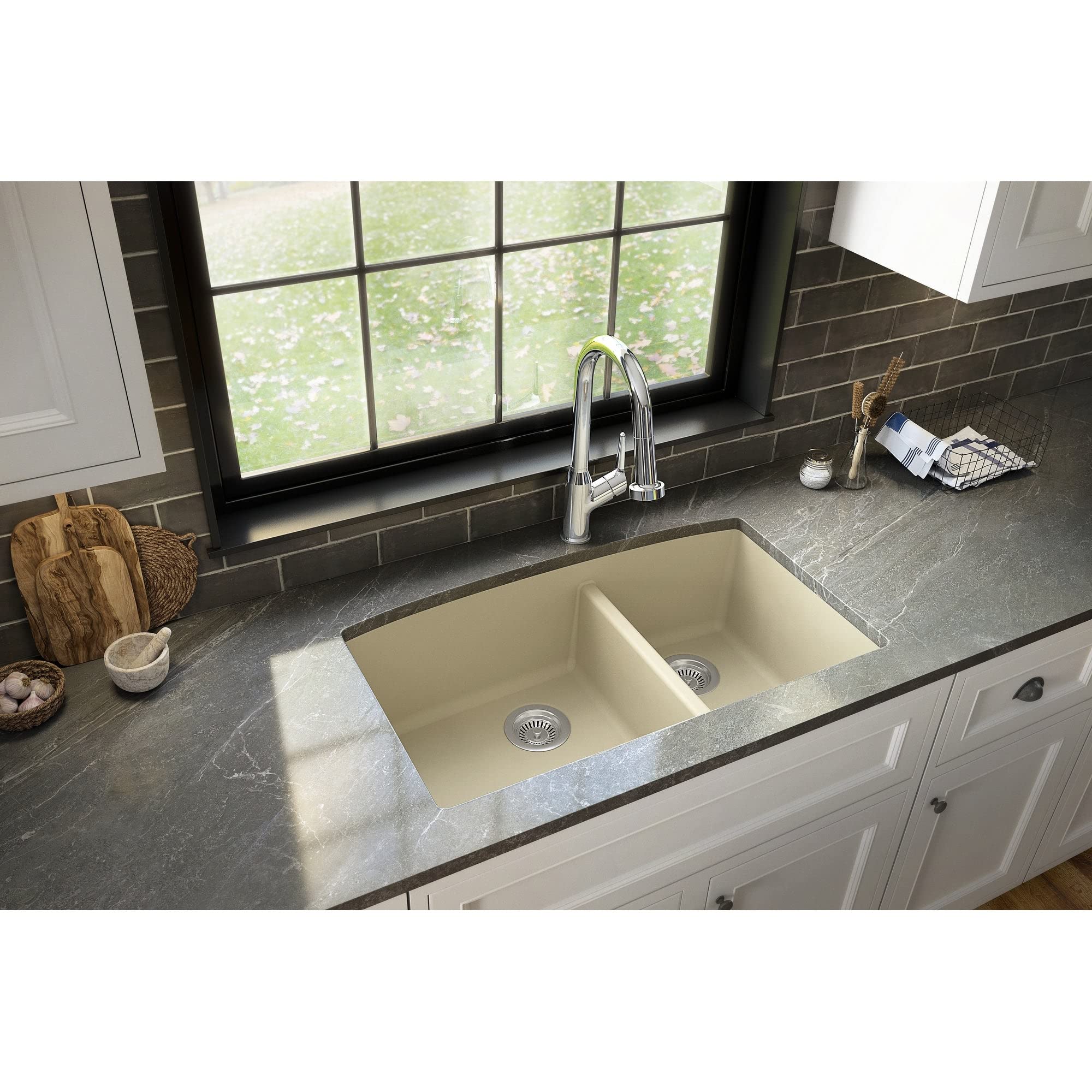 Karran 32-Inch Undermount Double Bowl Kitchen Sink - 60/40 Quartz Composite in Concrete Gray | Durable & Stain-Resistant for Modern Kitchens, Perfect for Meal Prep and Cleanup