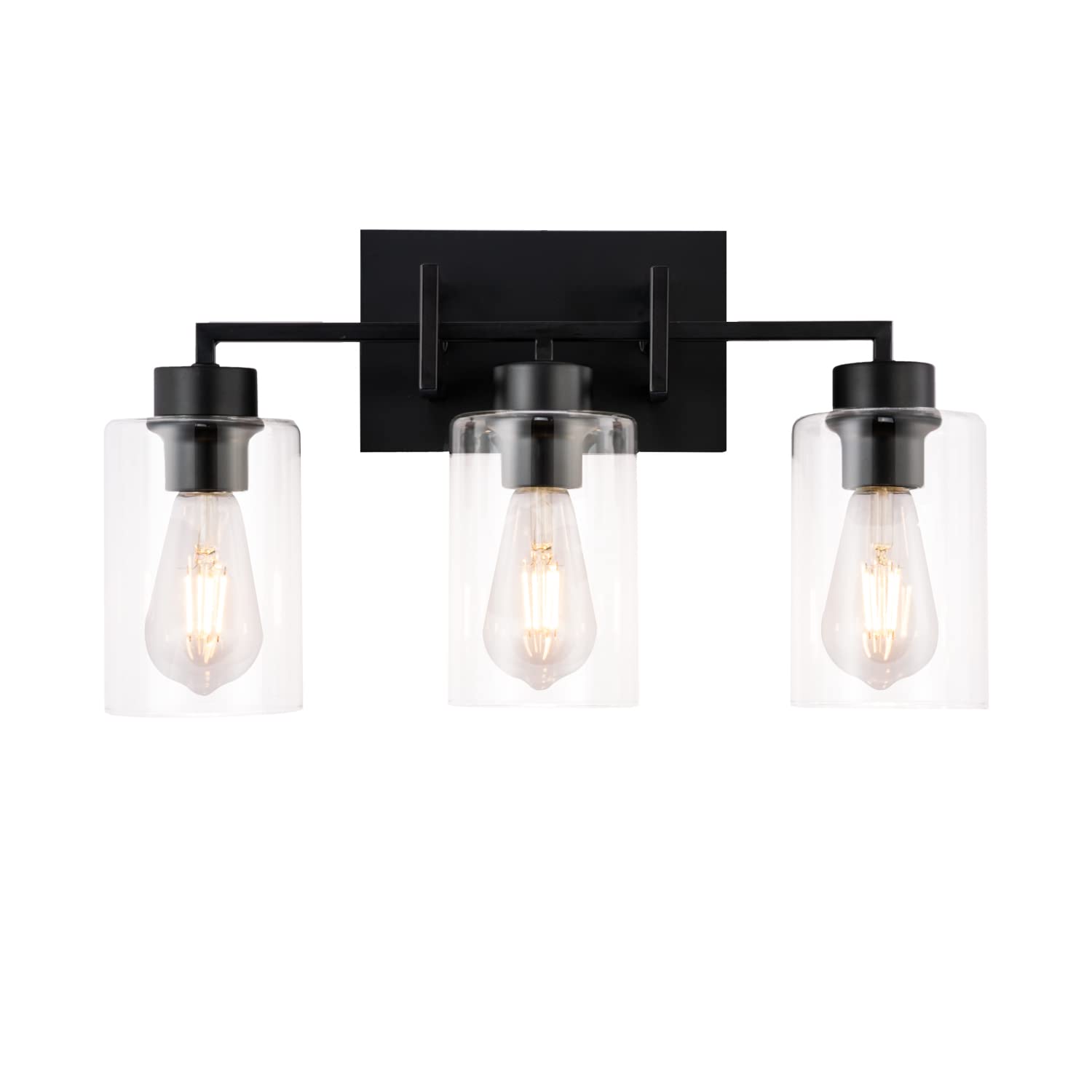 KRASTY Industrial Black Bathroom Vanity Light - 3-Light Fixture with Clear Glass Shade, Wall Sconce for Mirror & Cabinets | Modern Bathroom Lighting for Home & Hotel Decor