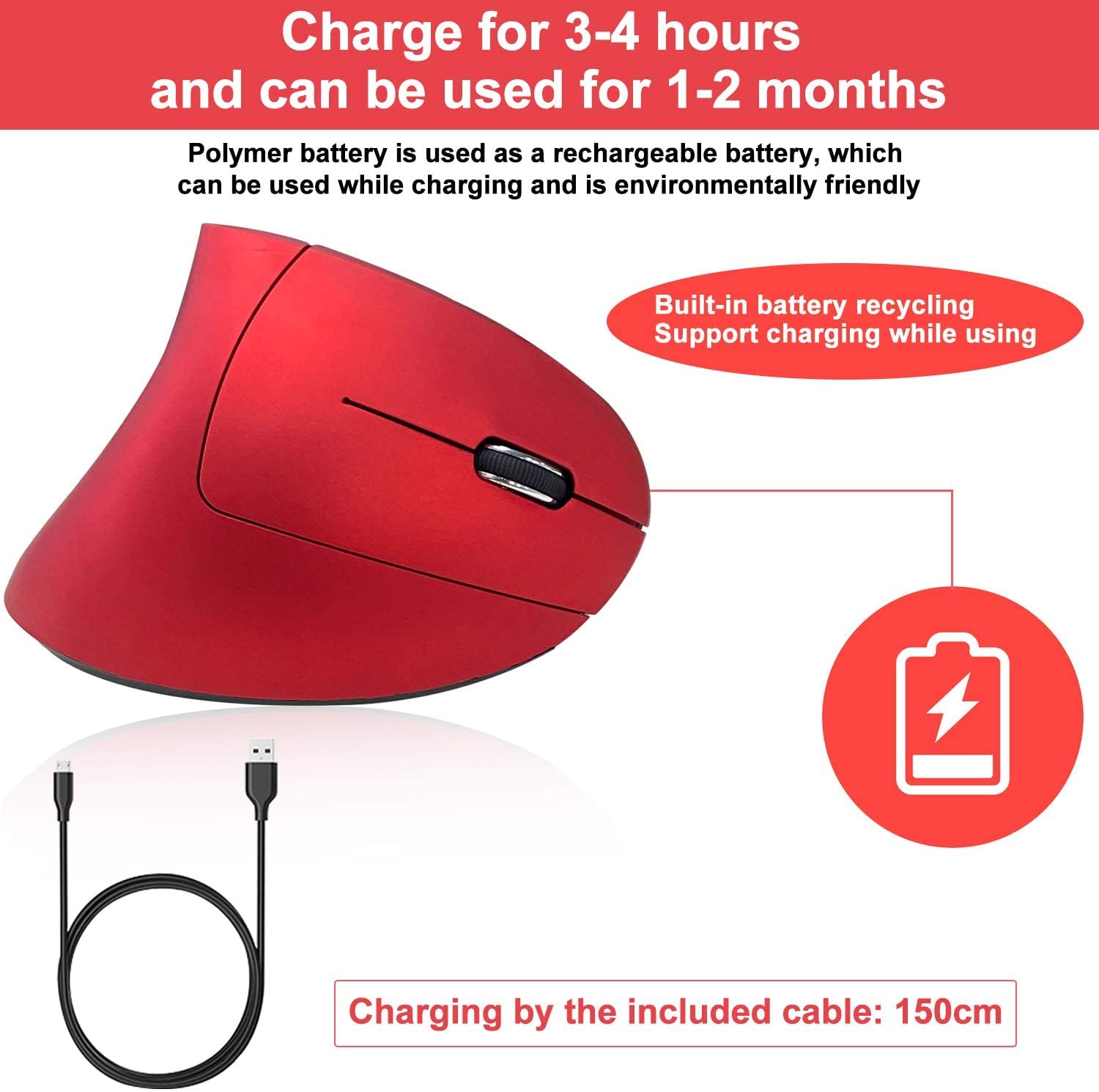 Vassink Ergonomic Rechargeable Wireless Mouse - 2.4GHz Vertical Optical Mouse with USB Receiver, 6 Buttons, 800/1200/1600 DPI Adjustable, Red - Perfect for Office, Gaming & Home Use