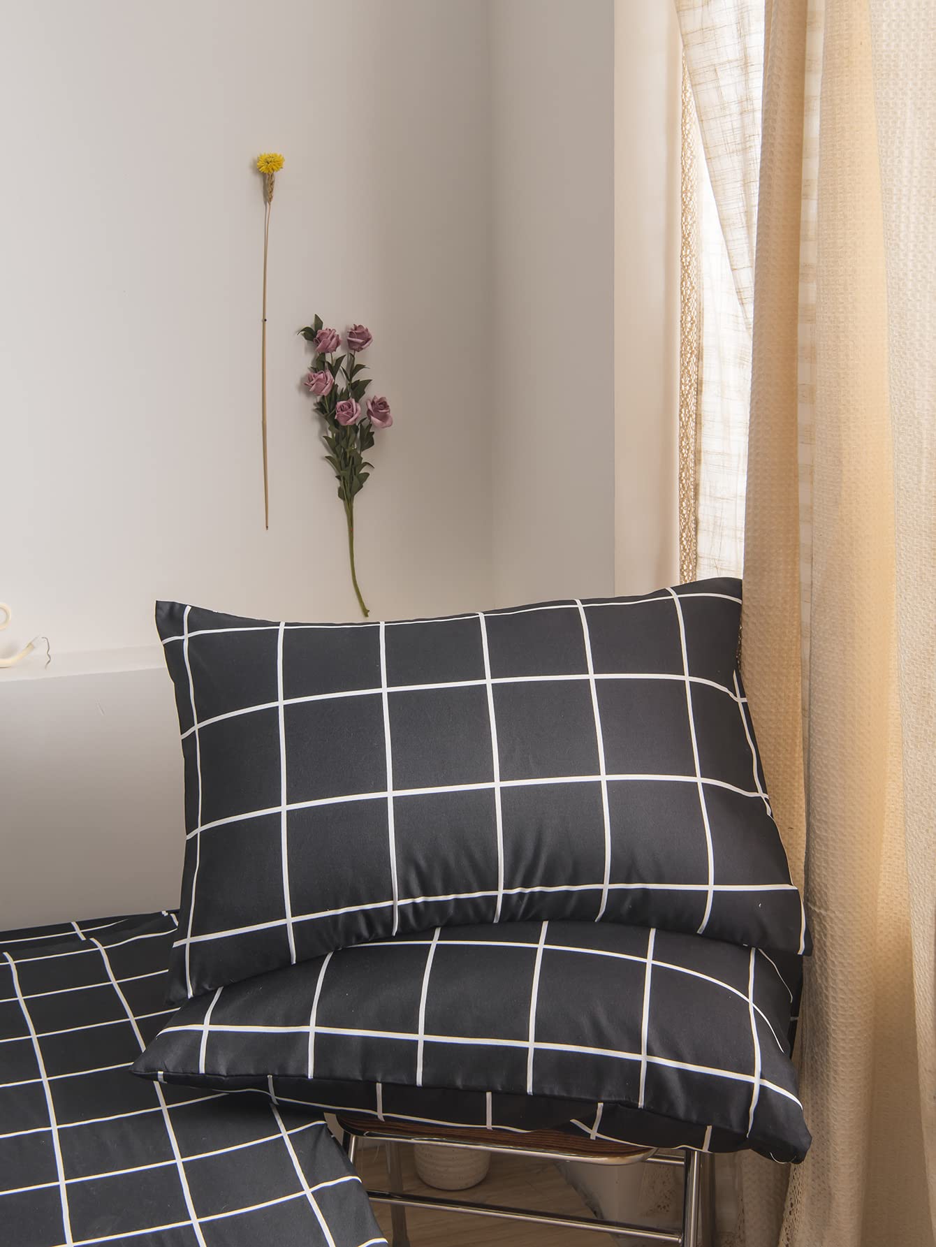 Premium Black Geometric Grid Pillowcases Set of 2 - Soft Breathable Microfiber King Size (20x40 Inches) - Modern Check Lattice Design for Bedroom Decor, Hotel & Guest Room Essentials