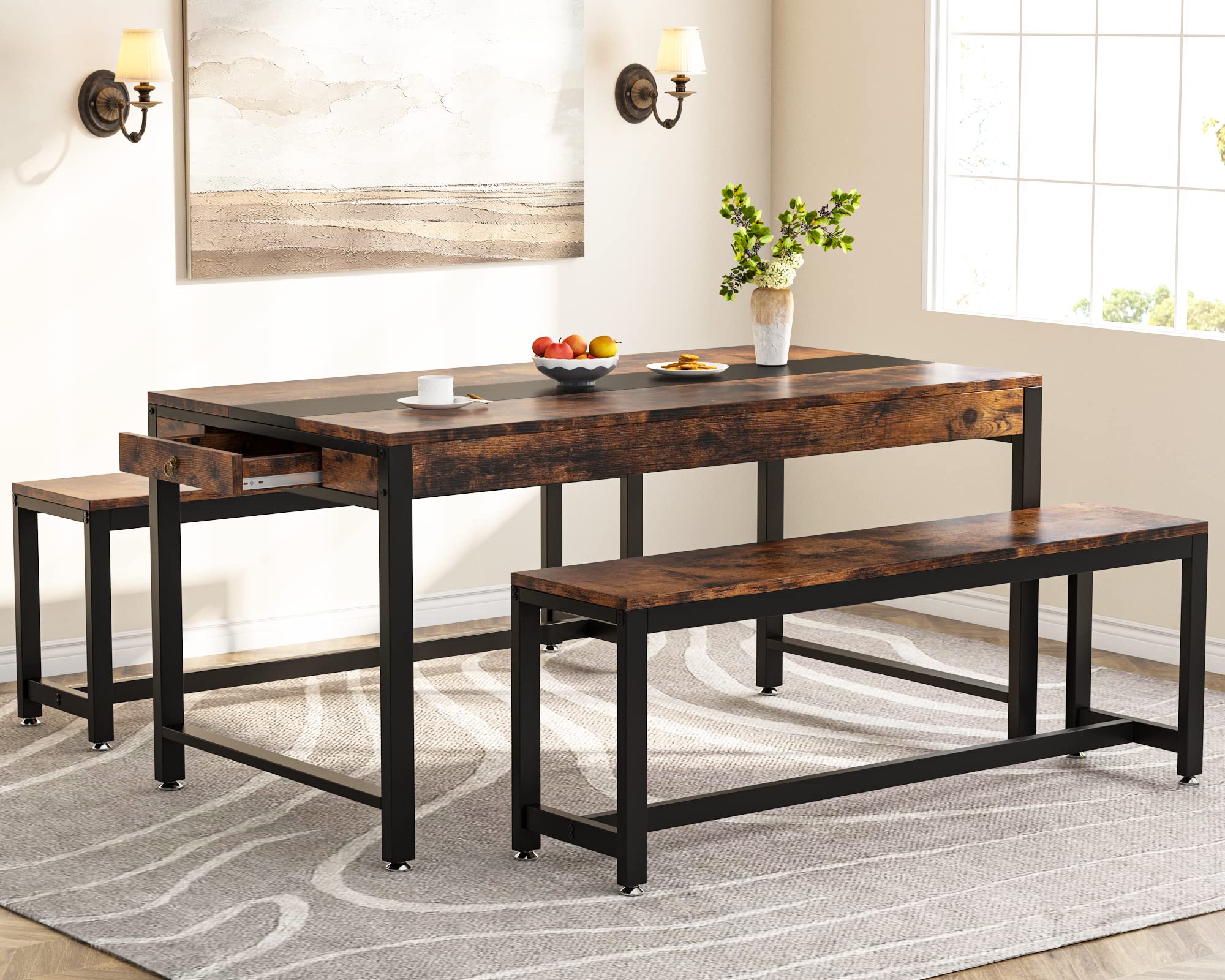 Tribesigns 63 Inch Large Dining Table Set for 4-6 People with 2 Benches & Side Drawer - Modern Industrial 3-Piece Kitchen Breakfast Table - Rustic Brown & Black - Perfect for Small Dining Rooms, Apartments & Farmhouse Style Homes