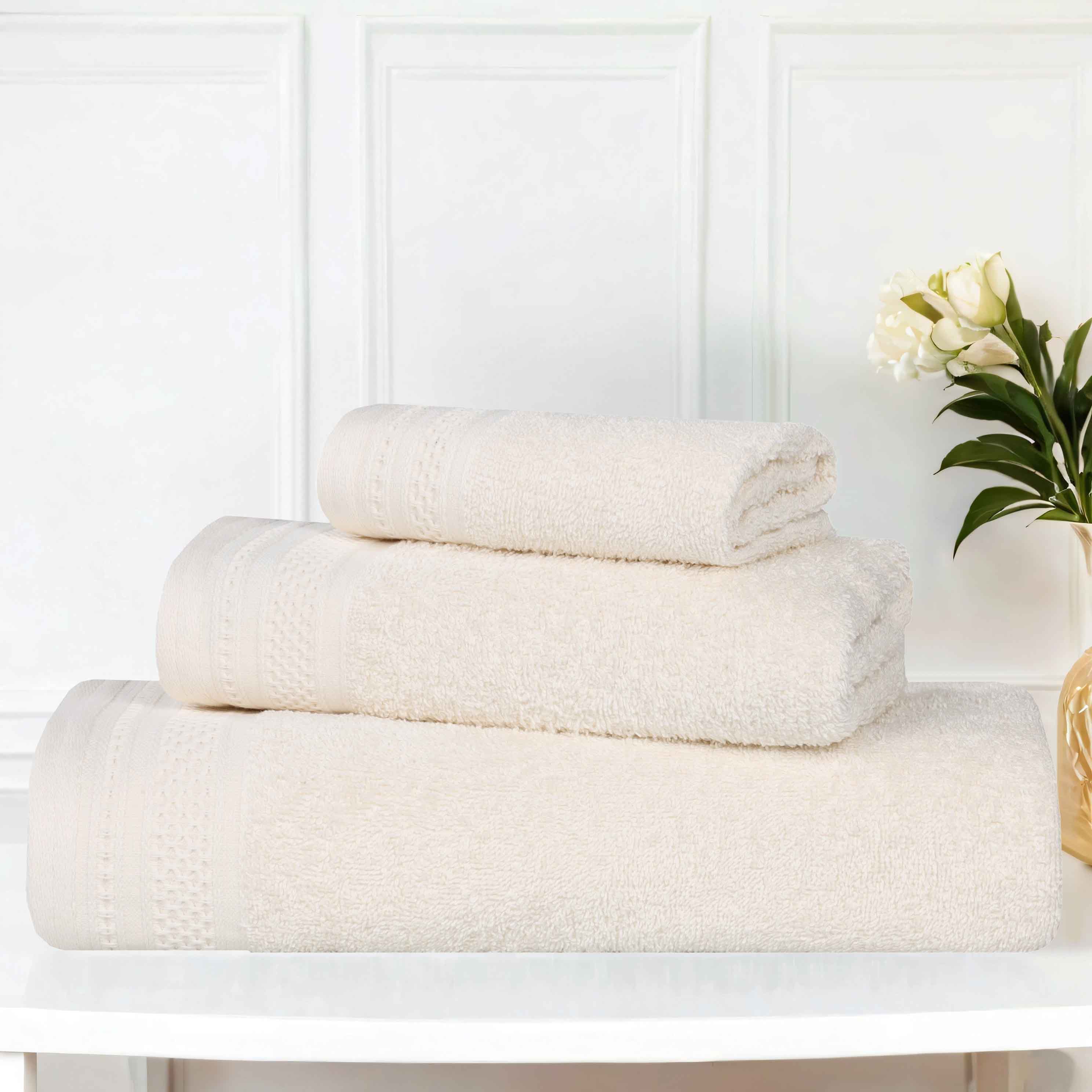 Premium Honeycomb Textured Waffle Border 3-Piece Cotton Towel Set - Soft & Absorbent Bath, Beach & Spa Towels for Luxury Home & Hotel Use
