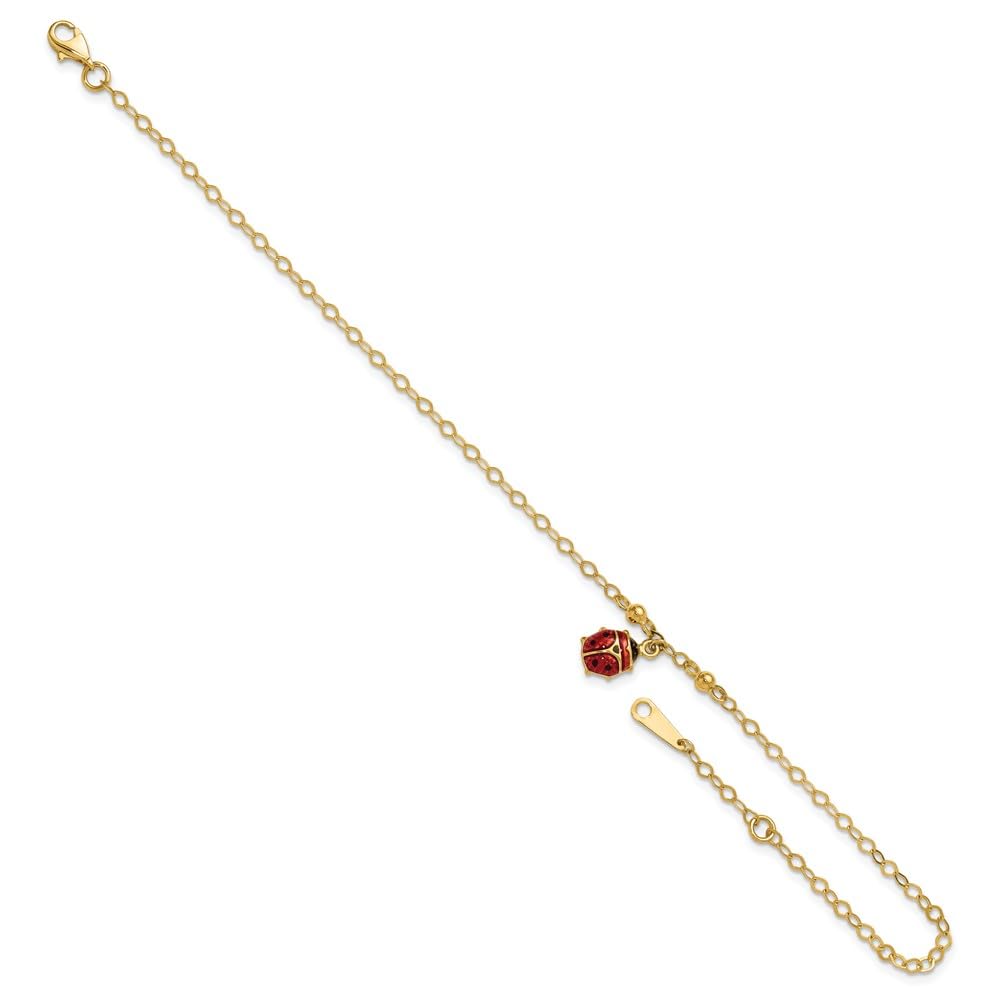14K Yellow Gold Adjustable Ladybug Enamel Anklet - 10 Inch Cute Charm Ankle Bracelet for Women & Girls - Perfect for Summer, Beach, and Everyday Wear