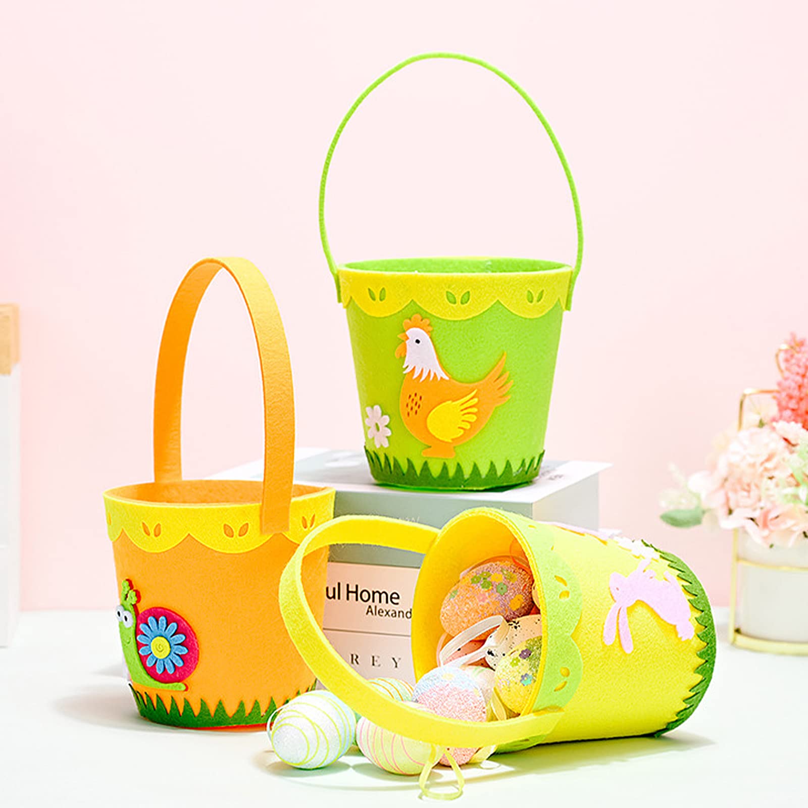 Keebgyy 3-Piece Felt Easter Egg Basket Set - Cute Easter Bucket Bags for Kids to Carry Eggs & Candies - Festive Party Decorations for Easter Celebrations, Egg Hunts, and Spring Home Decor