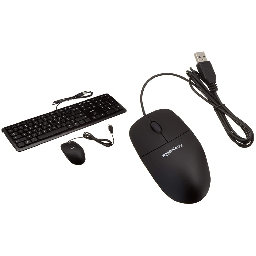 AmazonBasics USB Wired Keyboard and Mouse Combo - Ergonomic Full-Size Keyboard with 3-Button Wired Mouse (Black) for PC, Laptop, Office & Gaming Setup
