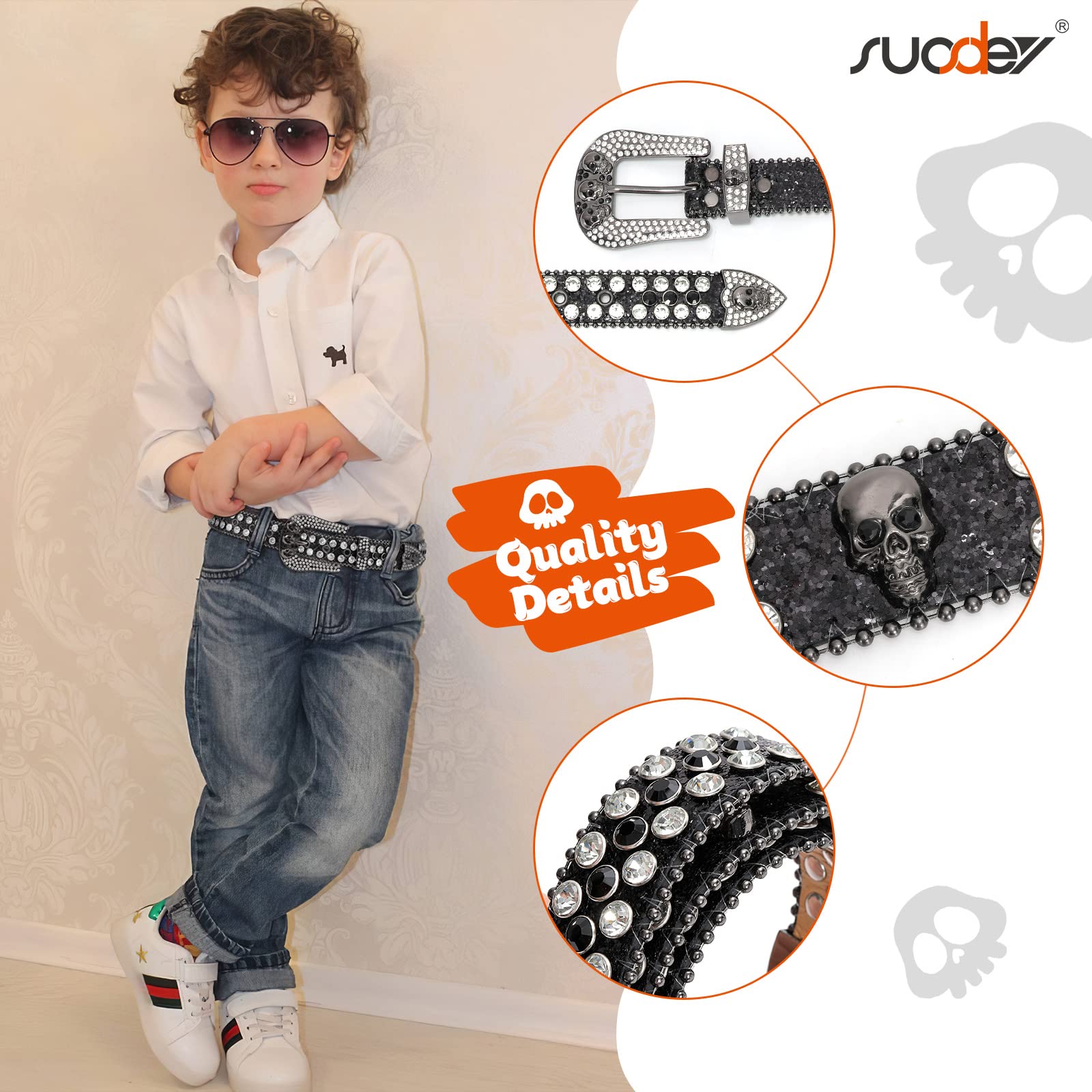 SUOSDEY Rhinestone Skull Leather Belt for Kids - Stylish Western Bling Cowboy Cowgirl Belt for Boys & Girls - Perfect for Jeans, Pants, and Western Outfits