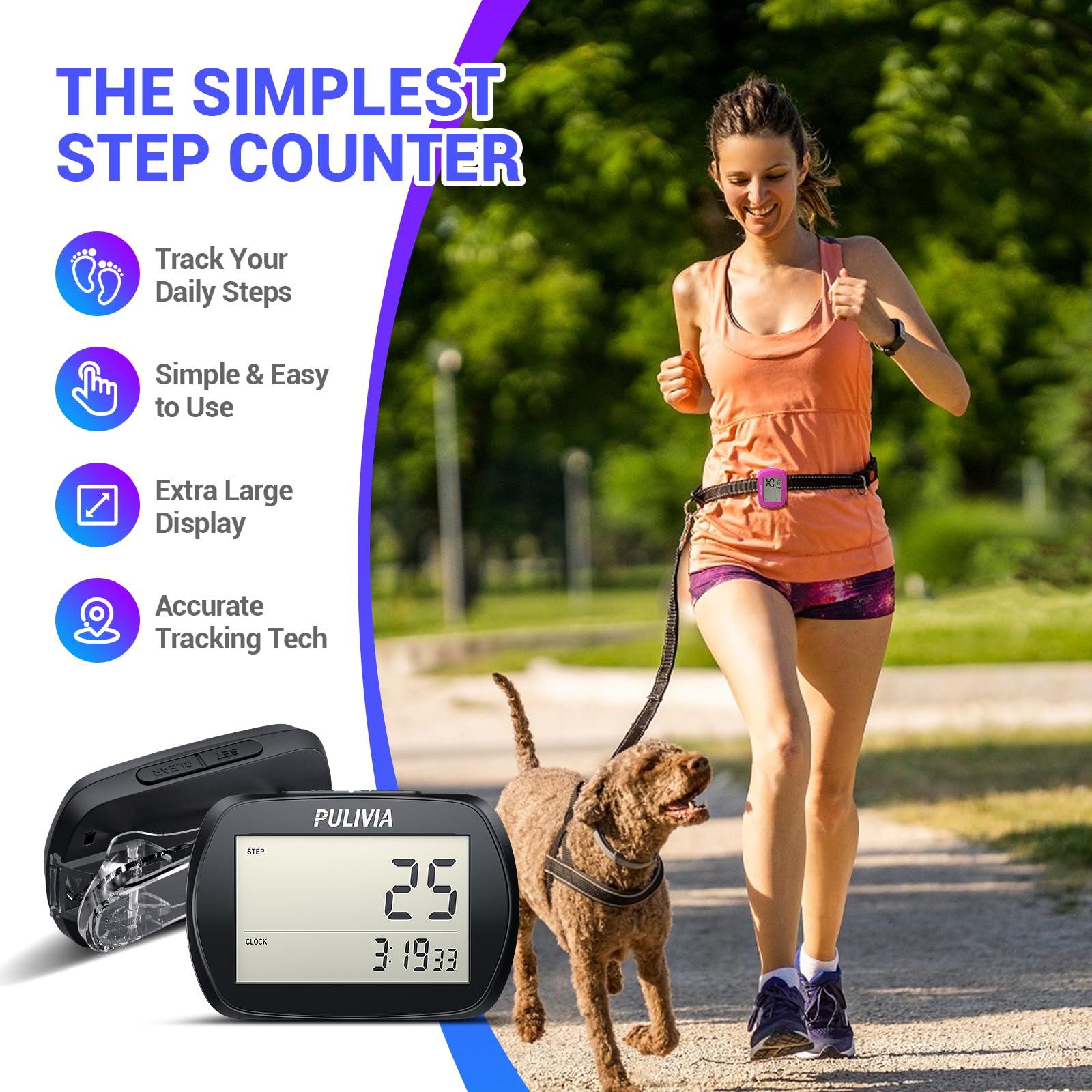 PULIVIA 3D Pedometer with Clock - Accurate Step Counter for Walking & Fitness Tracking