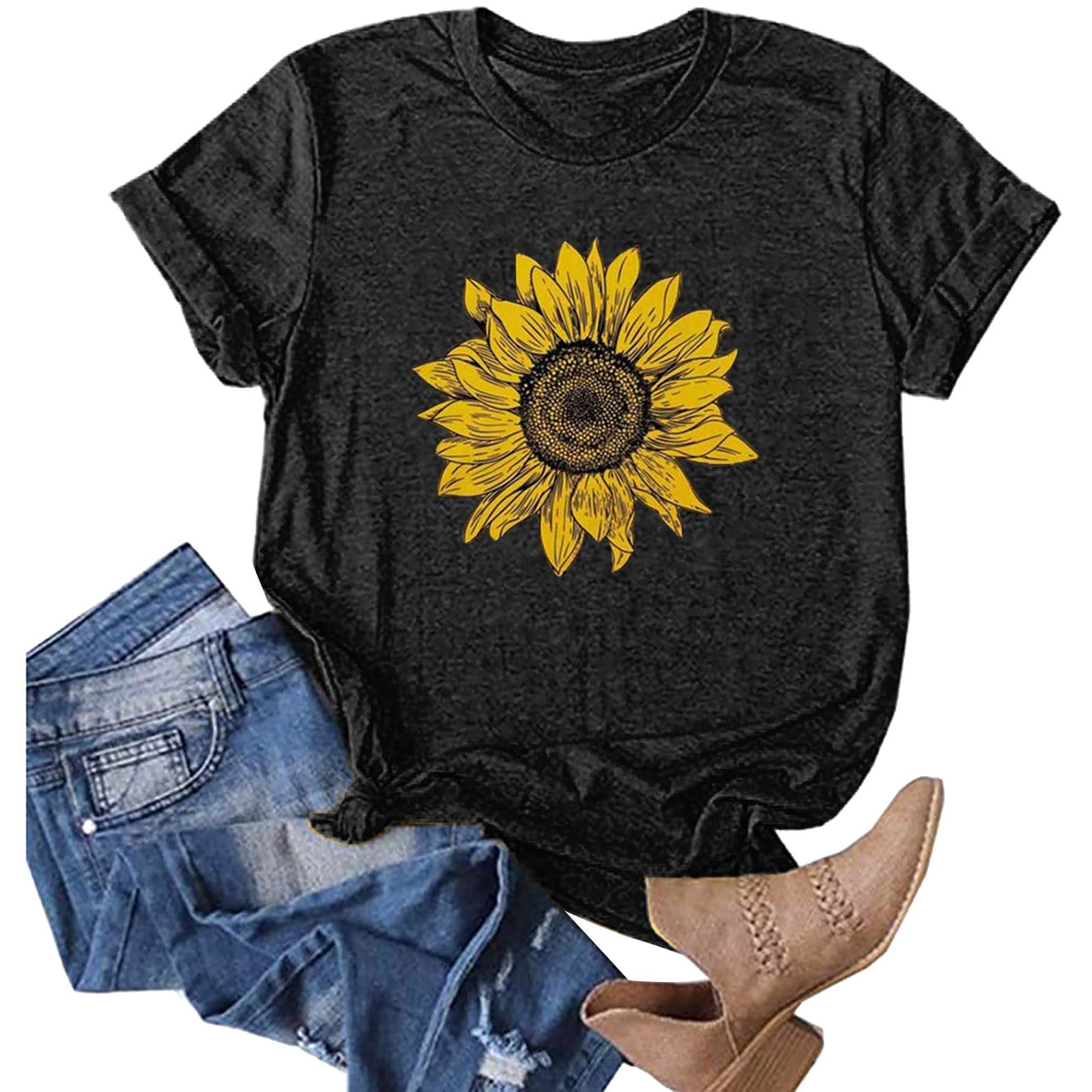 ZEFOTIM Women's Sunflower Print Short Sleeve Crewneck T-Shirt - Casual Summer Fashion Top for Women 2024 | Perfect for Beach Outings, Picnics & Everyday Wear