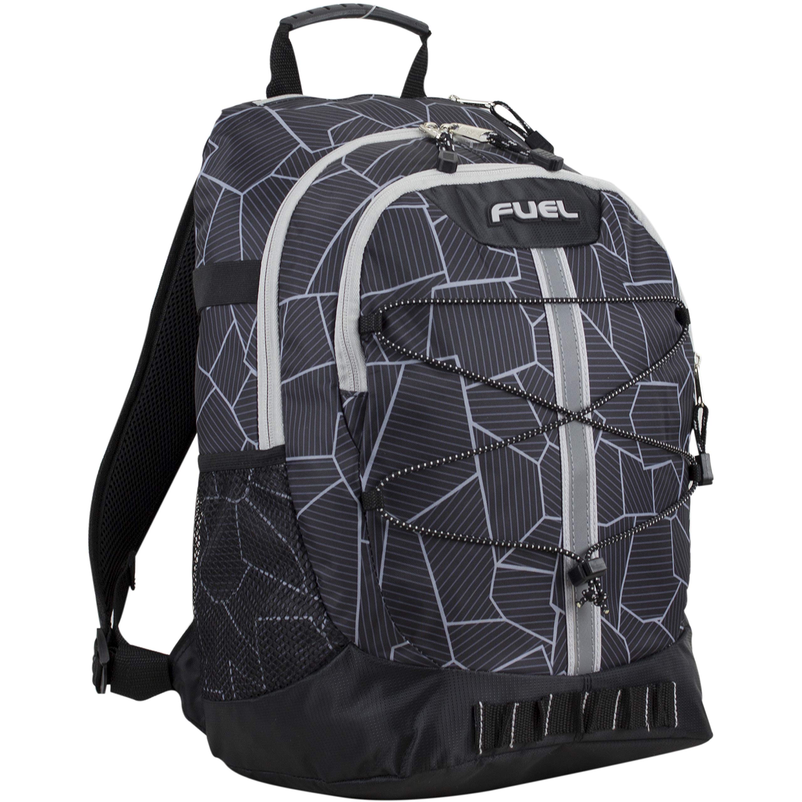 FUEL Terra Sport Hiking Backpack for Women & Men - 18 Inch Travel, College, Gym & Work Backpack with Laptop Sleeve & Bungee Straps - Black Geometric Design - Perfect for Outdoor Adventures, Commuting & Daily Use