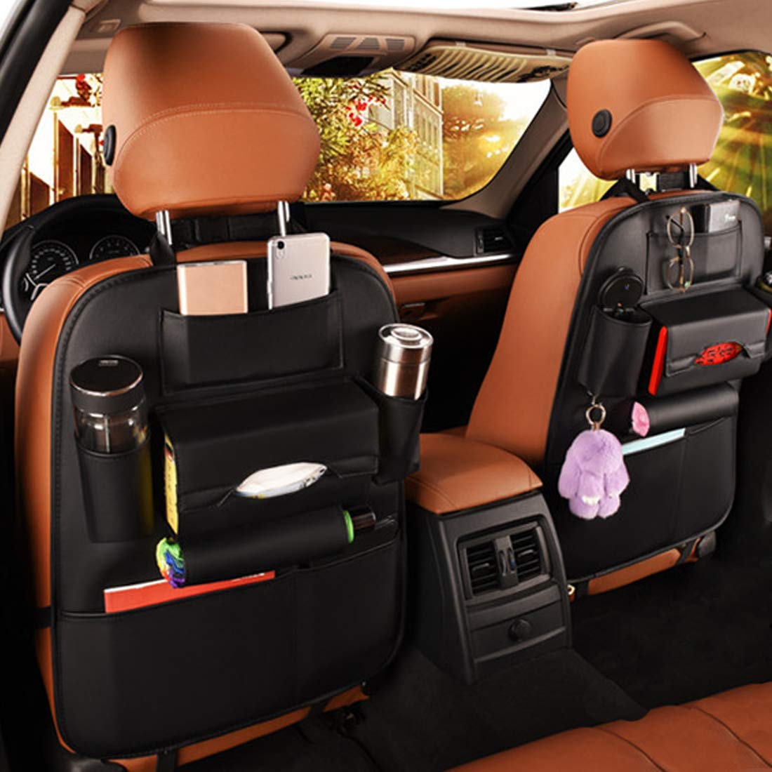 Premium PU Leather Car Seat Back Organizer with Tablet Holder - Universal Car Backseat Storage for Kids, Bottles, Toys & Accessories (Black, 2 Pack) - Perfect for Road Trips, Family Travel & Daily Commute