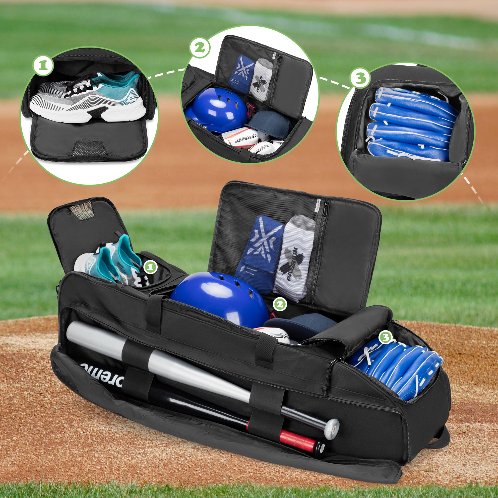 DSLEAF Rolling Baseball Bag with Wheels - Large Wheeled Softball Catchers Equipment Bag Holds 4 Bats, Separate Shoe Compartment & Multiple Pockets - Perfect for Baseball/Softball Practice, Games & Travel
