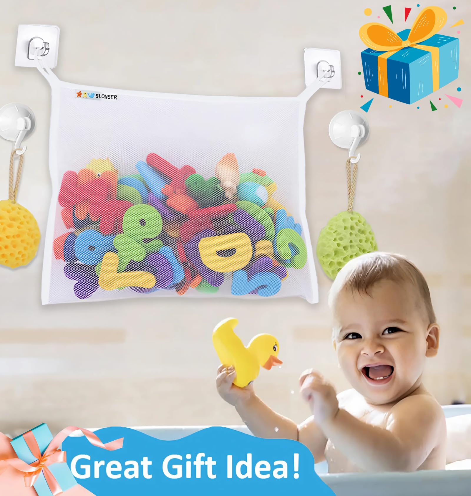 **18x16 Inch Kids Bath Toy Net - Large Mesh Storage Organizer with 2 Suction Cups & 2 Adhesive Hooks for Baby Bathtub, Toddler Shower Caddy, Hanging Basket - Perfect for Bathroom Toy Storage & Organization**