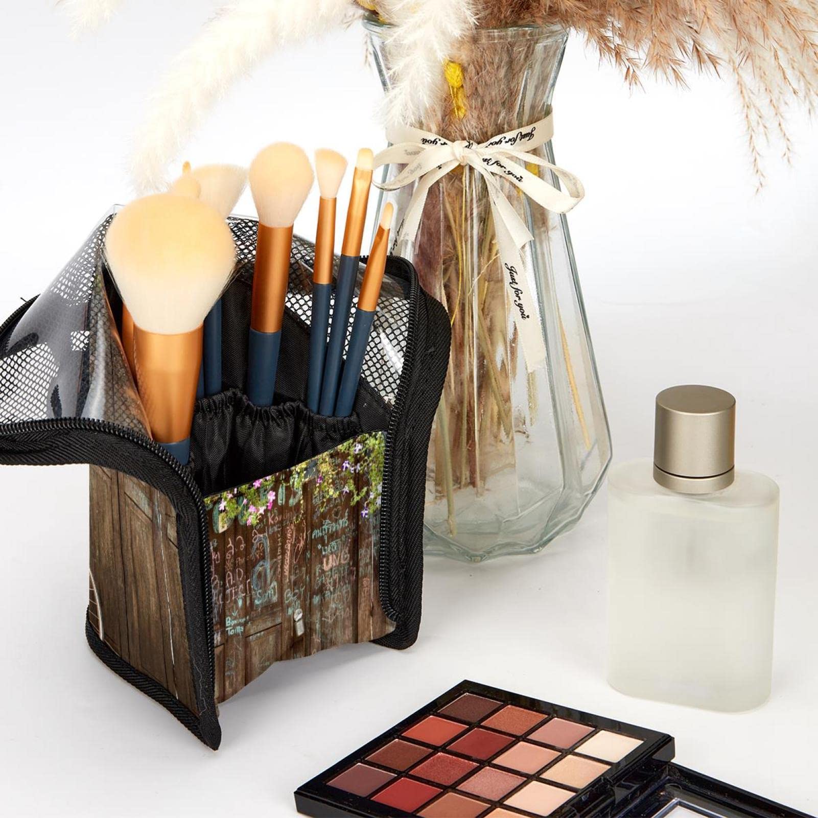 12-Piece Makeup Brush Organizer Bag with Flower & Leaf Design - Portable Cosmetic Brush Holder Case for Travel, Home & Professional Use