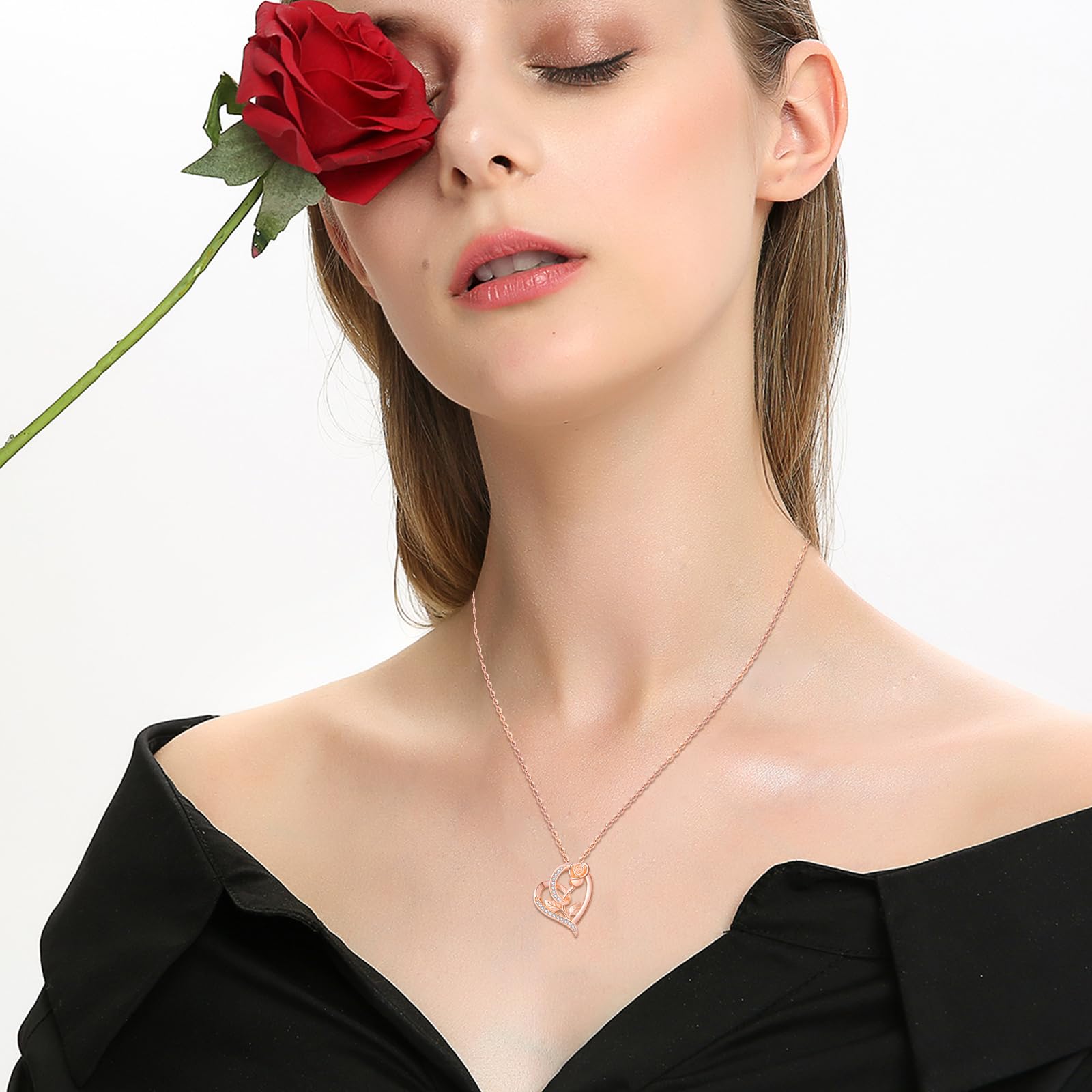 925 Sterling Silver Rose Flower Necklace with Heart Pendant - Elegant Rose Gold Jewelry Gift for Women, Girls & Mom | Perfect for Valentine's Day, Anniversary, Birthday & Special Occasions