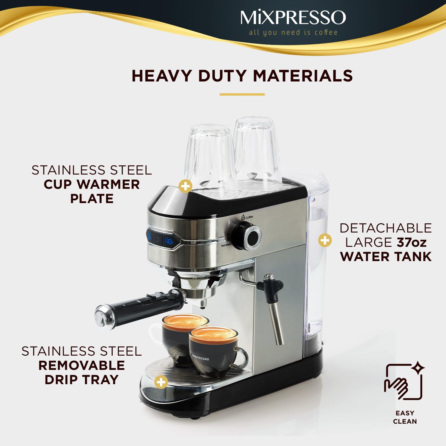 Mixpresso Professional 15 Bar Espresso Machine with Milk Frother - Fast 1450W Heating, 37Oz Water Tank & Double-Cup Splitter - Perfect for Home Baristas Making Espresso, Cappuccino & Latte - Ideal for Morning Coffee, Entertaining Guests & Small Cafes