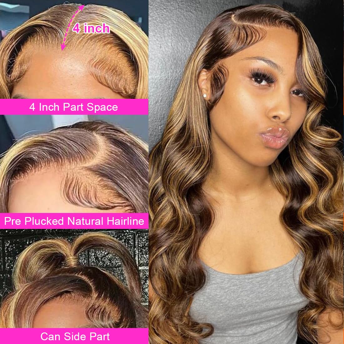 Honey Blonde Ombre Human Hair Lace Front Wig - 13x4 HD Pre-Plucked, 180% Density, 30 Inch Body Wave Lace Wig for Women | Perfect for Cosplay, Daily Wear & Special Occasions