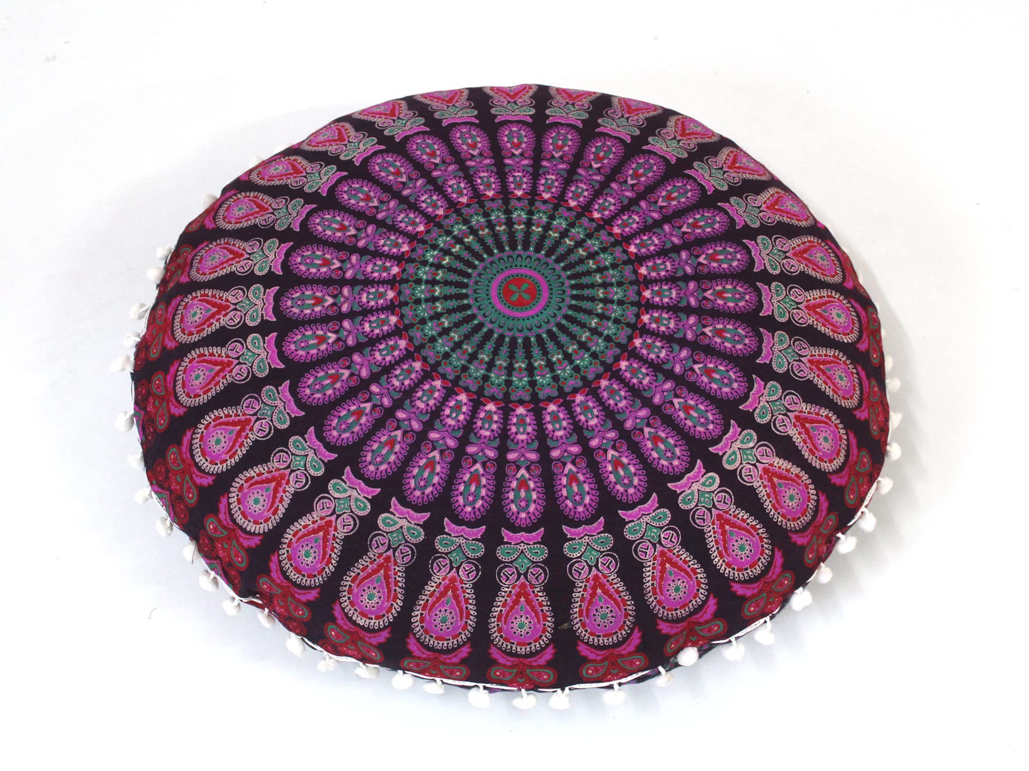 22 Inch Round Mandala Meditation Floor Pillow - Bohemian Cotton Pouf Cushion for Yoga, Meditation & Relaxation - Pink Peacock Design - Perfect for Living Room, Outdoor Fireplace & Home Décor