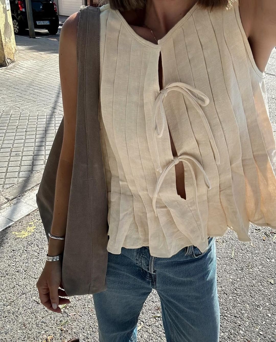 Women's Summer Linen Tank Top - Coquette Bow Tie Front Shirt Vest with Ruffle Babydoll Design | Cute Aesthetic Tops for Beach, Vacation & Casual Outfits