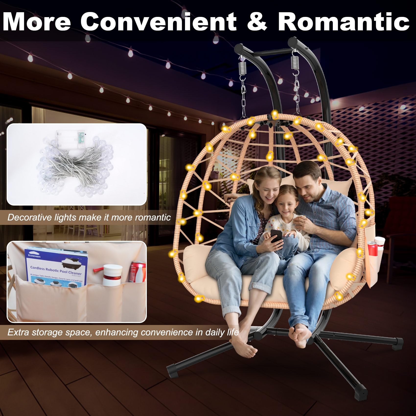 ZENPETIO Double Egg Swing Chair with Stand - 2 Person Rattan Wicker Hanging Chair with UV Resistant Cushion & Pillow - Indoor/Outdoor Patio, Bedroom, Garden Relaxation - Brown