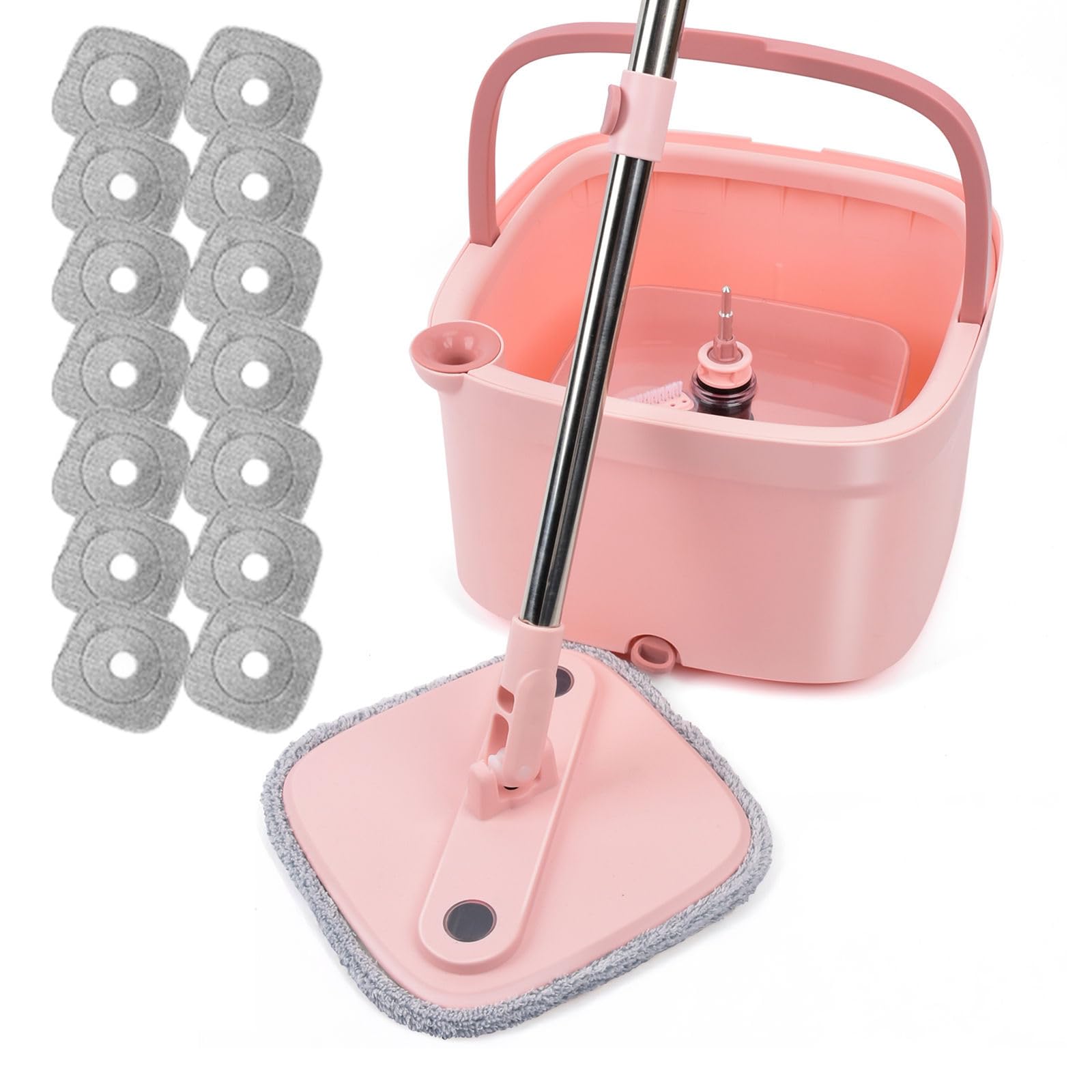 KZKR Square Spin Mop and Bucket Set with Self-Separating Dirty/Clean Water System - 360° Rotating Self-Wringing Mop Head & 14 Replaceable Microfiber Pads for Hardwood, Tile & Laminate Floors - Perfect for Kitchen, Bathroom & Home Cleaning