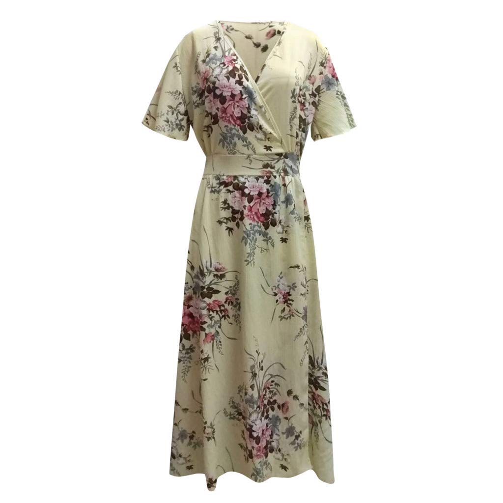 Anjikang Women's Summer Boho Dress - Casual Short Sleeve Floral Maxi Dress with V-Neck & Side Slit | Perfect for Beach Vacation, Guest Party & Romantic Date