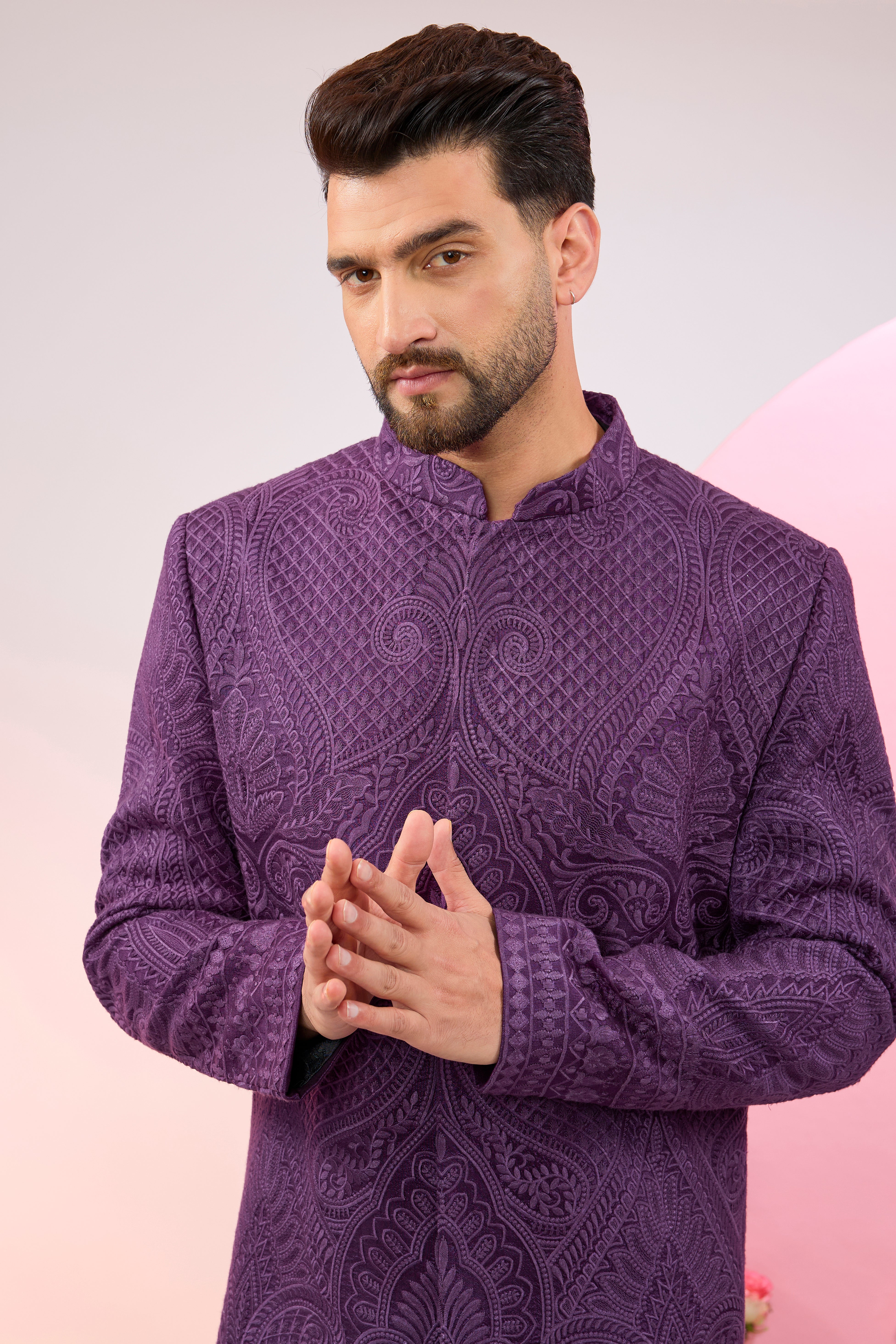 Elegant Purple Kashmiri Embroidered Sherwani with Intricate Thread Work - Traditional Indian Wedding Attire for Grooms & Special Occasions