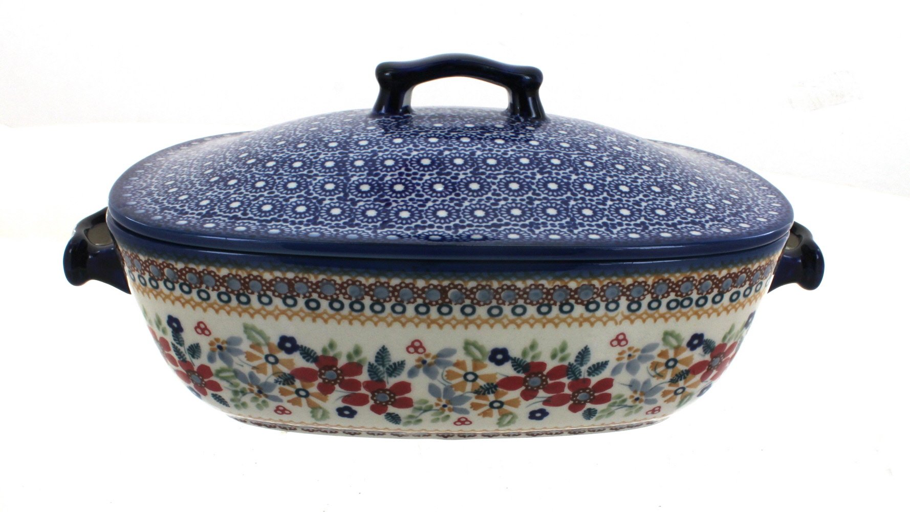Blue Rose Polish Pottery Red Daisy Roaster with Lid - Handmade Ceramic Baking Dish for Casseroles, Stews & Serving - Perfect for Holidays, Dinner Parties & Rustic Kitchen Decor