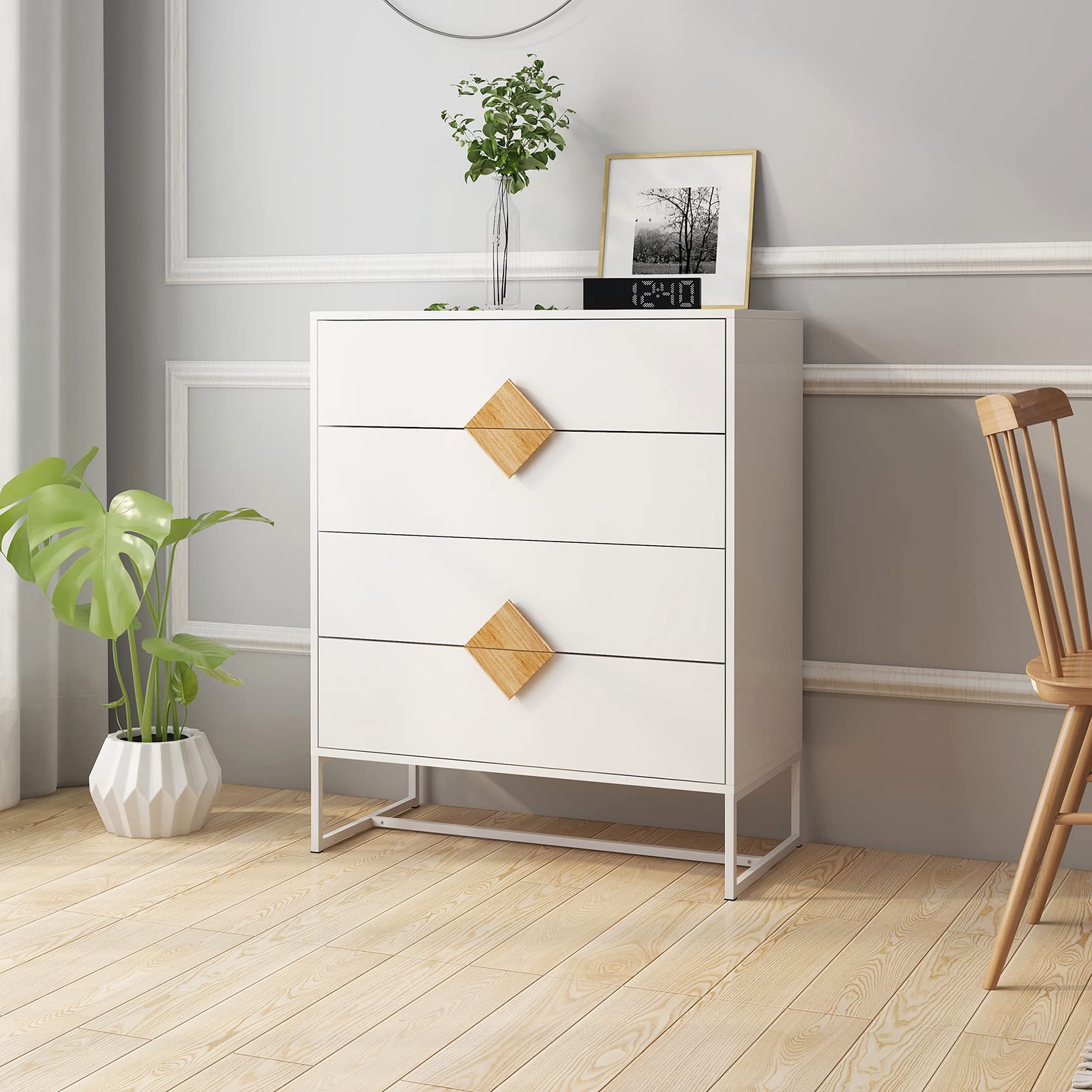 4-Drawer White Dresser with Square Handles - Bedroom Chest of Drawers, Nightstand & Home Office Storage Cabinet | Perfect for Bedroom Organization & File Storage