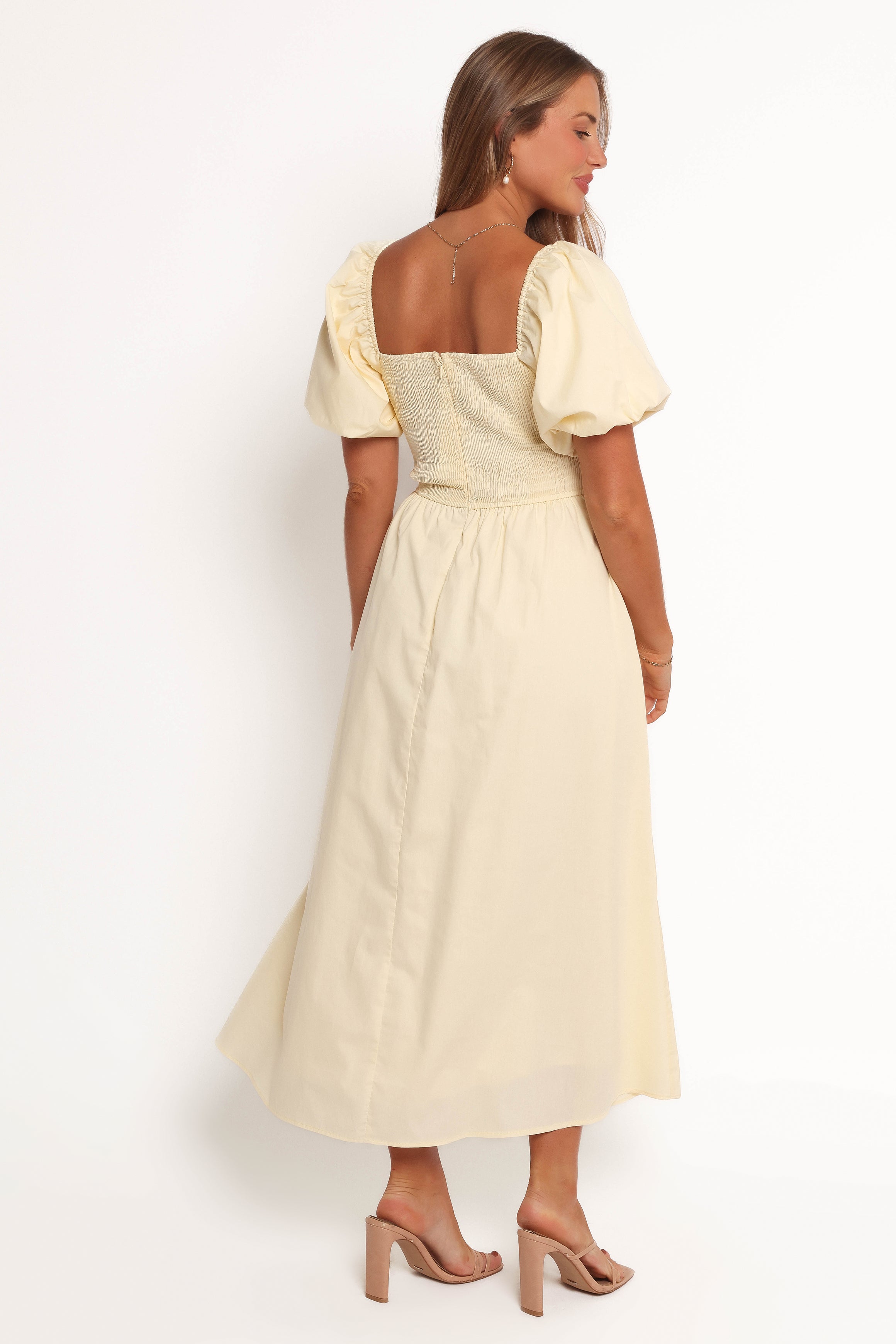 Elegant Yellow Puff Sleeve Midi Dress for Women - Perfect for Summer Parties, Weddings & Office Wear