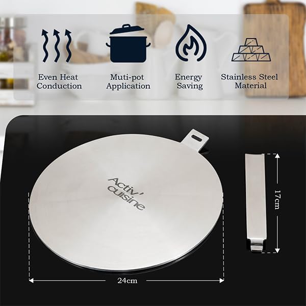 ACTIV CUISINE 9.45 Inch Stainless Steel Heat Diffuser Plate for Electric, Gas & Induction Stoves - Removable Handle, Cookware Protector for Pots & Pans - Perfect for Even Heating on Glass Cooktops, Camping & RV Cooking
