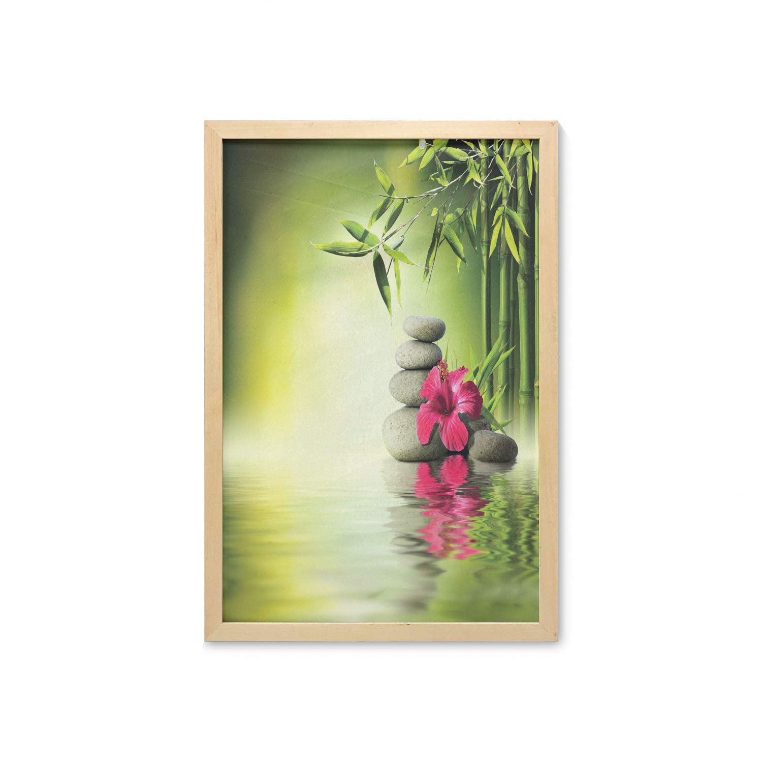 Ambesonne Spa Wall Art with Frame - Stones & Bamboo Leaves Water Pool Print, Relaxing Nature Theme Fabric Poster for Bathroom, Living Room, Bedroom, Dorm Decor - 23x35 Inches, Apple Green & Magenta - Perfect for Zen Decor, Spa Relaxation & Home Meditation Spaces