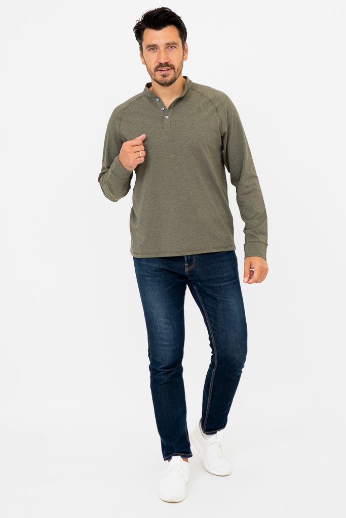 Men's Henley Shirt - Yarn-Dyed Khaki Bamboo Fabric - Casual Wear for Outdoor Activities & Everyday Comfort