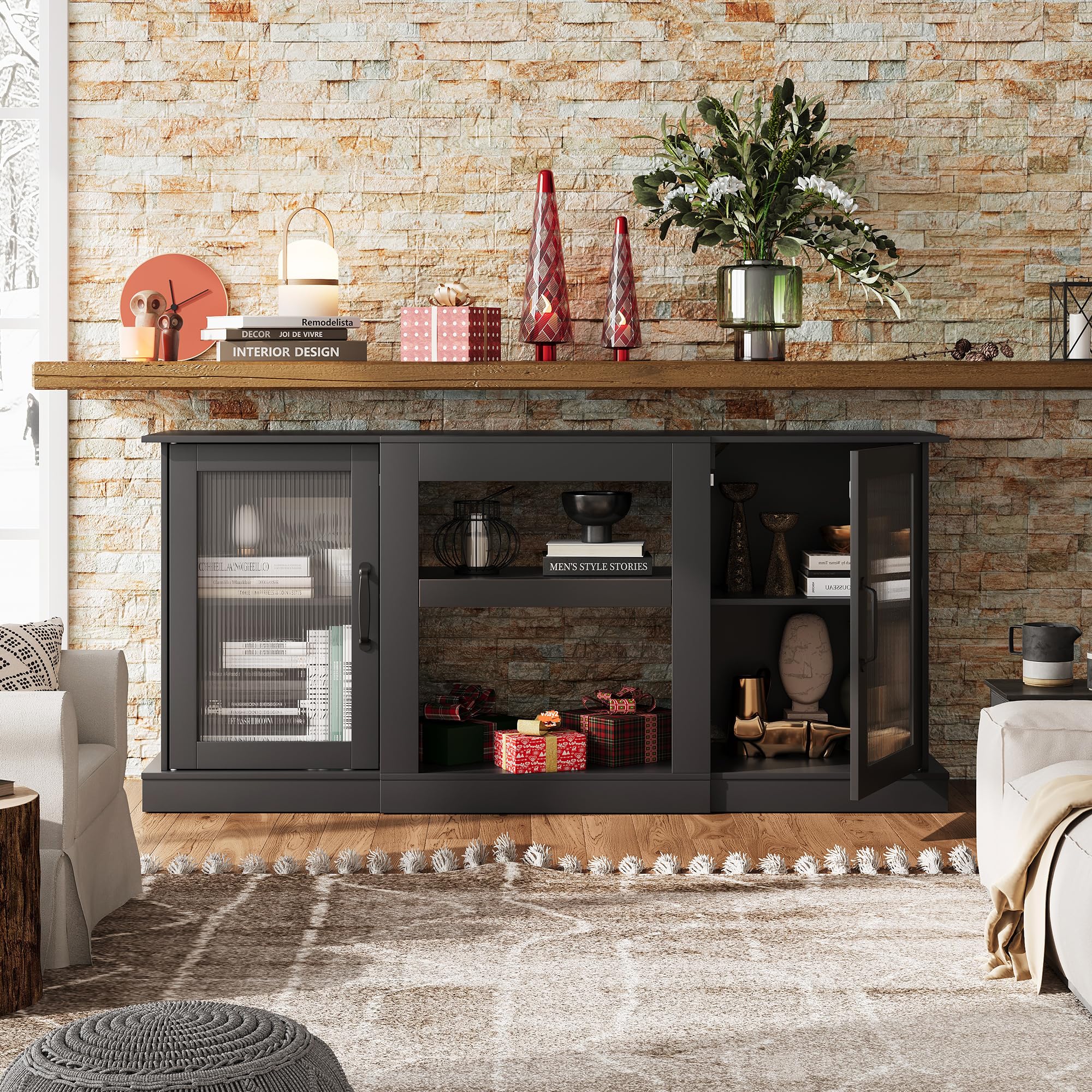 WLIVE Retro TV Stand for 65 Inch TVs - Modern TV Console Cabinet with Storage & Open Shelves - Entertainment Center for Living Room, Bedroom - Black - Perfect for Home Theater Setup & Media Organization