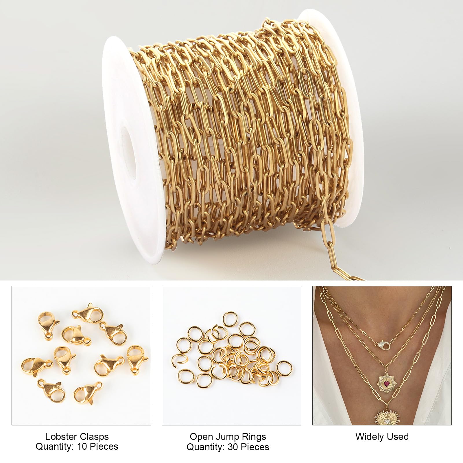 5M Gold Plated 304 Stainless Steel Paperclip Necklace Chain with Lobster Clasps & Jump Rings - Jewelry Making Supplies for Men & Women - Perfect for DIY Necklaces, Bracelets and Craft Projects