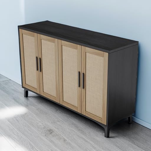 Rattan Sideboard Buffet Cabinet with Doors & Adjustable Shelves - Kitchen Storage Cabinet, Coffee Bar Console Table for Dining Room & Entryway - Black | Perfect for Small Space Organization & Home Decor