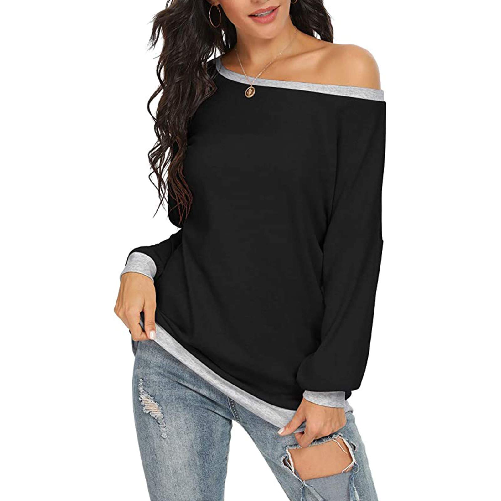 Women's Casual Long Sleeve Color Block Round Neck Loose Fit Blouse T-Shirt & Sweatshirt Pullover Tops - Perfect for Everyday Wear, Work, and Weekend Outings
