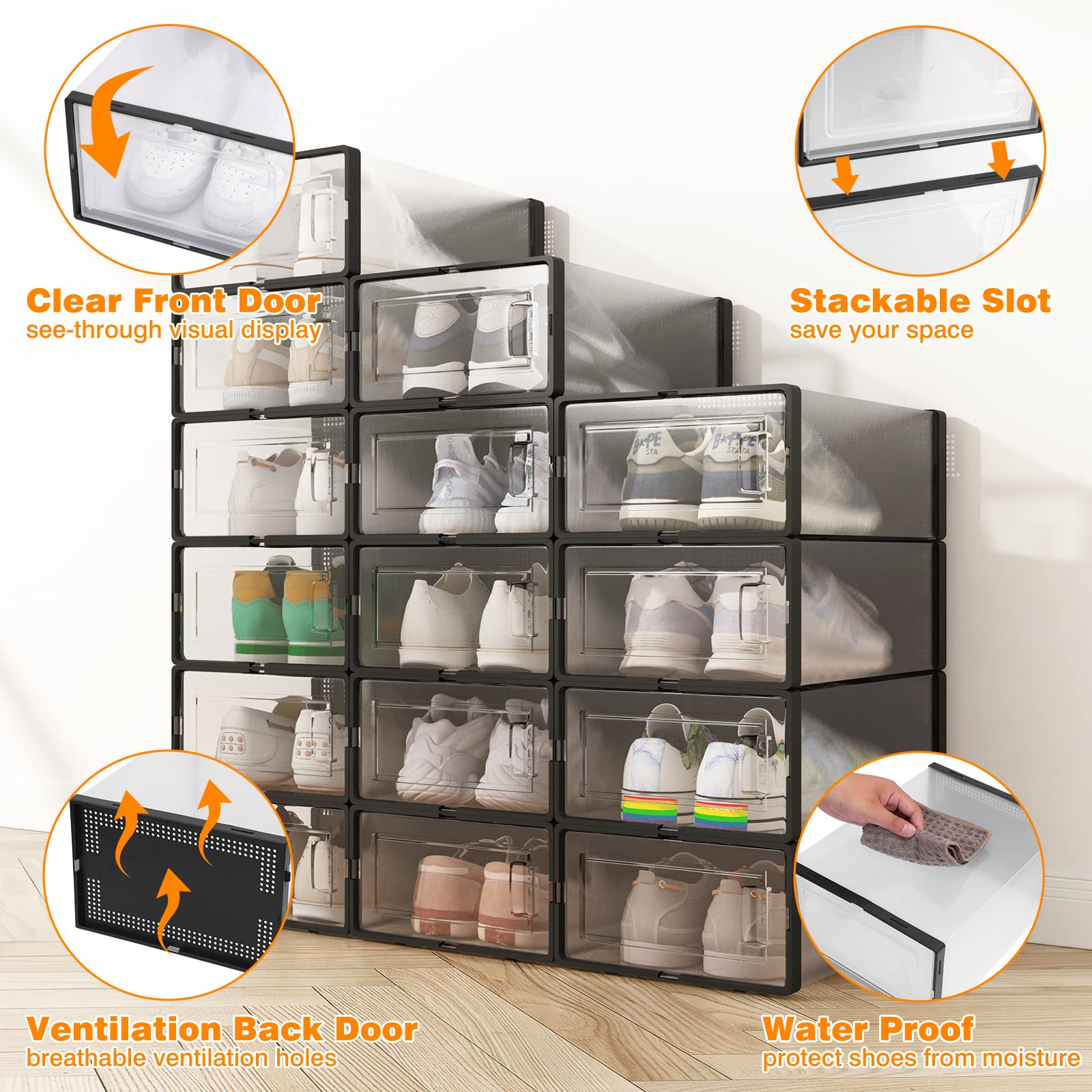 Fixwal 15-Pack Clear Stackable Shoe Storage Boxes with Lids - 13.1
