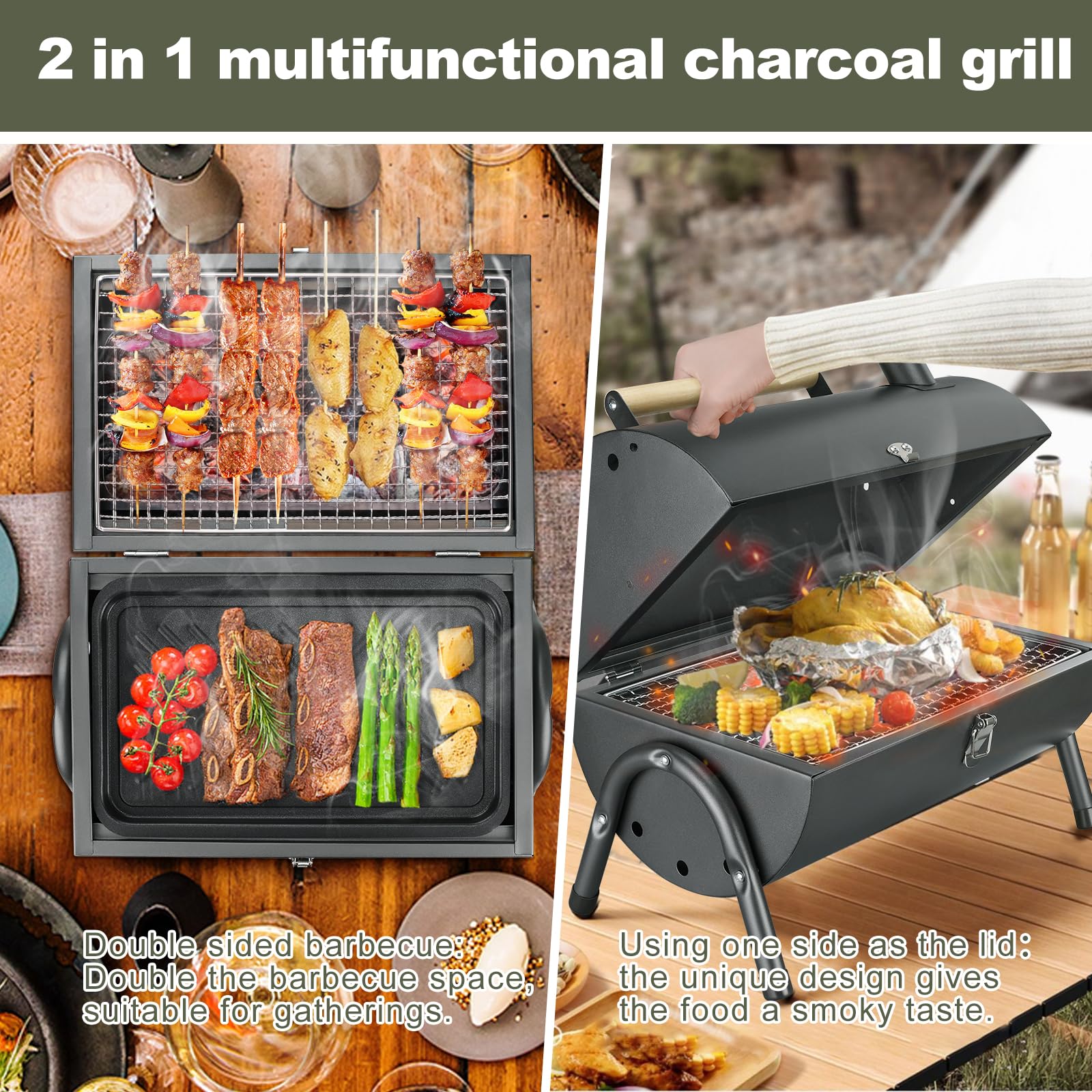 Portable Charcoal Grill - Compact 2-Side Carbon Mini Smoker BBQ for Outdoor Cooking, Camping, Picnics & Backyard | Perfect for Grilling Burgers, Steaks, Vegetables & Seafood | Ideal for Beach, Tailgating, RV Trips, Patio & Family Gatherings (Black) | Great for Small Spaces, Apartment Balconies & Quick Outdoor Meals | Best for Camping Trips, Backyard BBQs, Beach Parties & RV Adventures