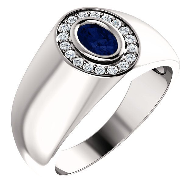 14K Gold Men's Oval Halo Ring with 0.70ct Sapphire & 0.18ctw Diamonds - Elegant Wedding Band, Anniversary Gift for Him, Engagement Jewelry