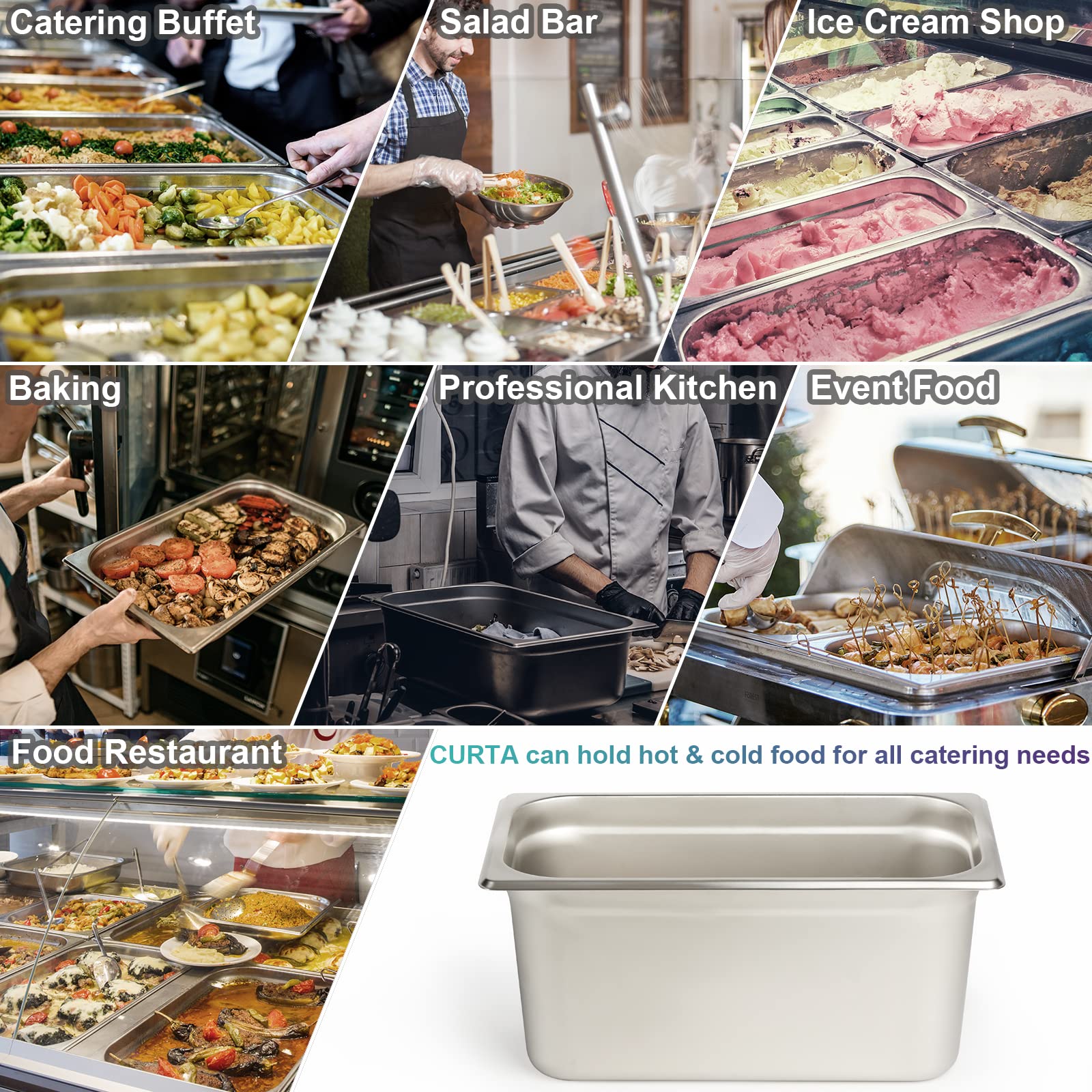 6-Pack CURTA 1/3 Size 6-Inch Deep Anti-Jam Commercial Stainless Steel Hotel Pans - NSF 18/8 Catering Food Storage Pans for Buffets, Steam Tables & Restaurant Kitchens