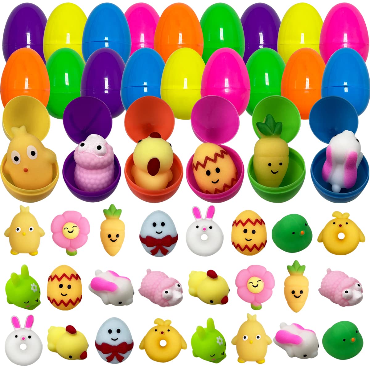 24 Pack Plastic Prefilled Easter Eggs with Squishy Mochi Toys Inside - Easter Basket Stuffers for Kids, Boys & Girls - Fun Easter Party Favors & Gift Fillers for Toddlers (Great for Easter Egg Hunts & Classroom Activities)