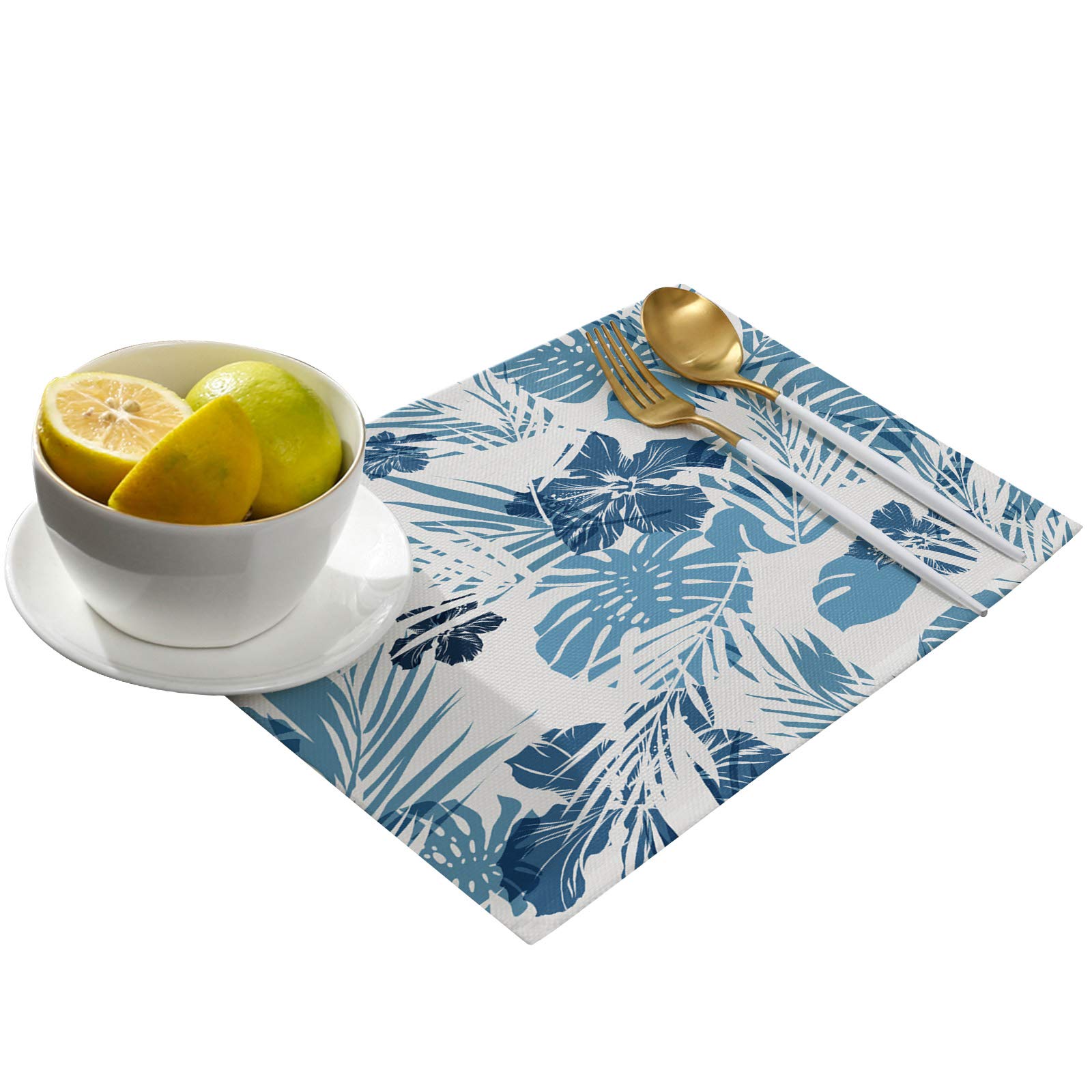 Tropical Blue Palm Leaf Cotton Linen Placemats Set of 4 - Heat Resistant, Non-Slip & Washable Table Mats for Dining Table Decor, Kitchen, Holiday Banquet - Perfect for Beach House, Summer Parties & Boho Home Decor