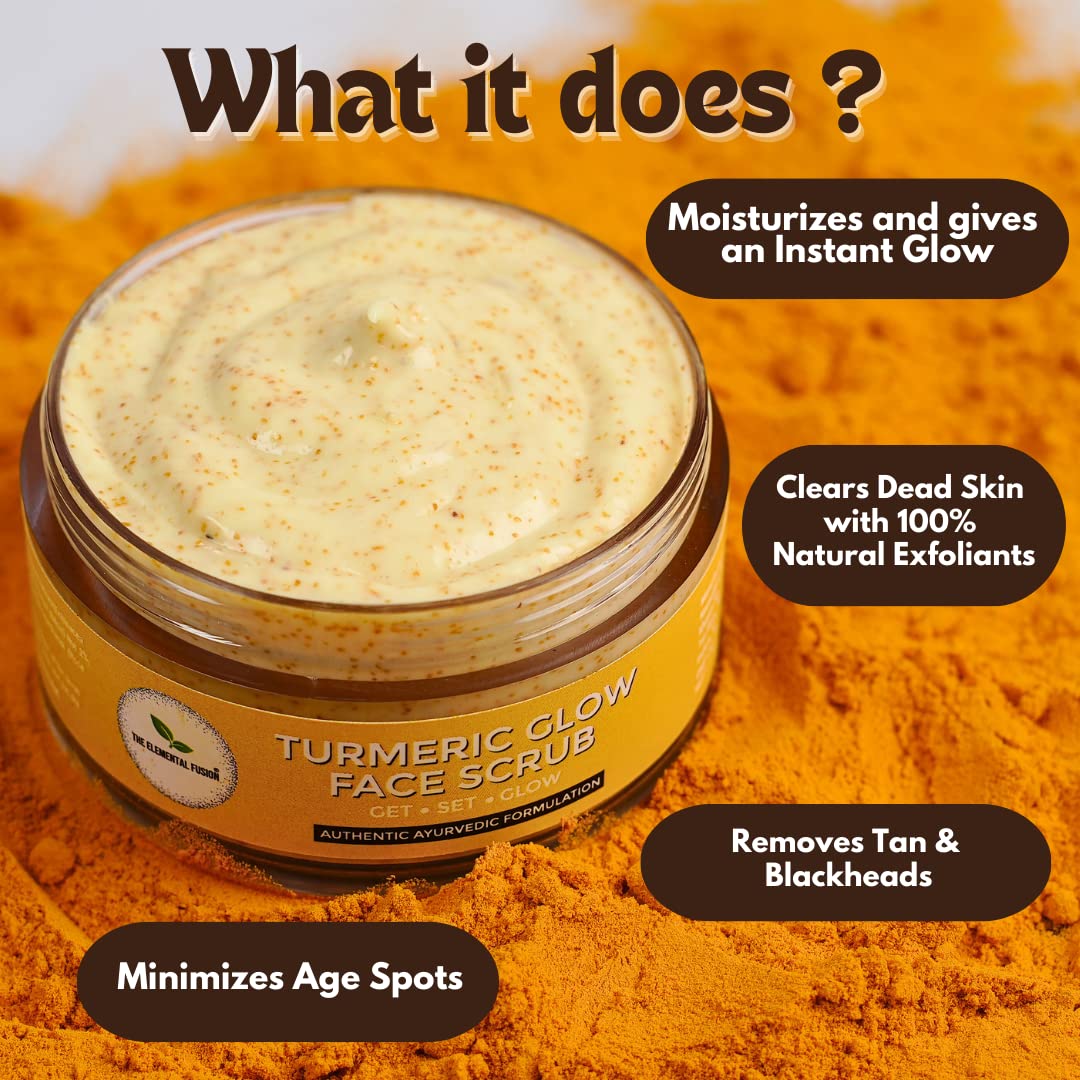 Elemental Fusion Turmeric (Haldi) Glow Gentle Exfoliating Face Scrub - Blackhead & Whitehead Remover, Dead Skin Cleanser for Women & Men - Detan Pack for Radiant Skin (50g) - Perfect for Daily Skincare & Glow Boosting Routine