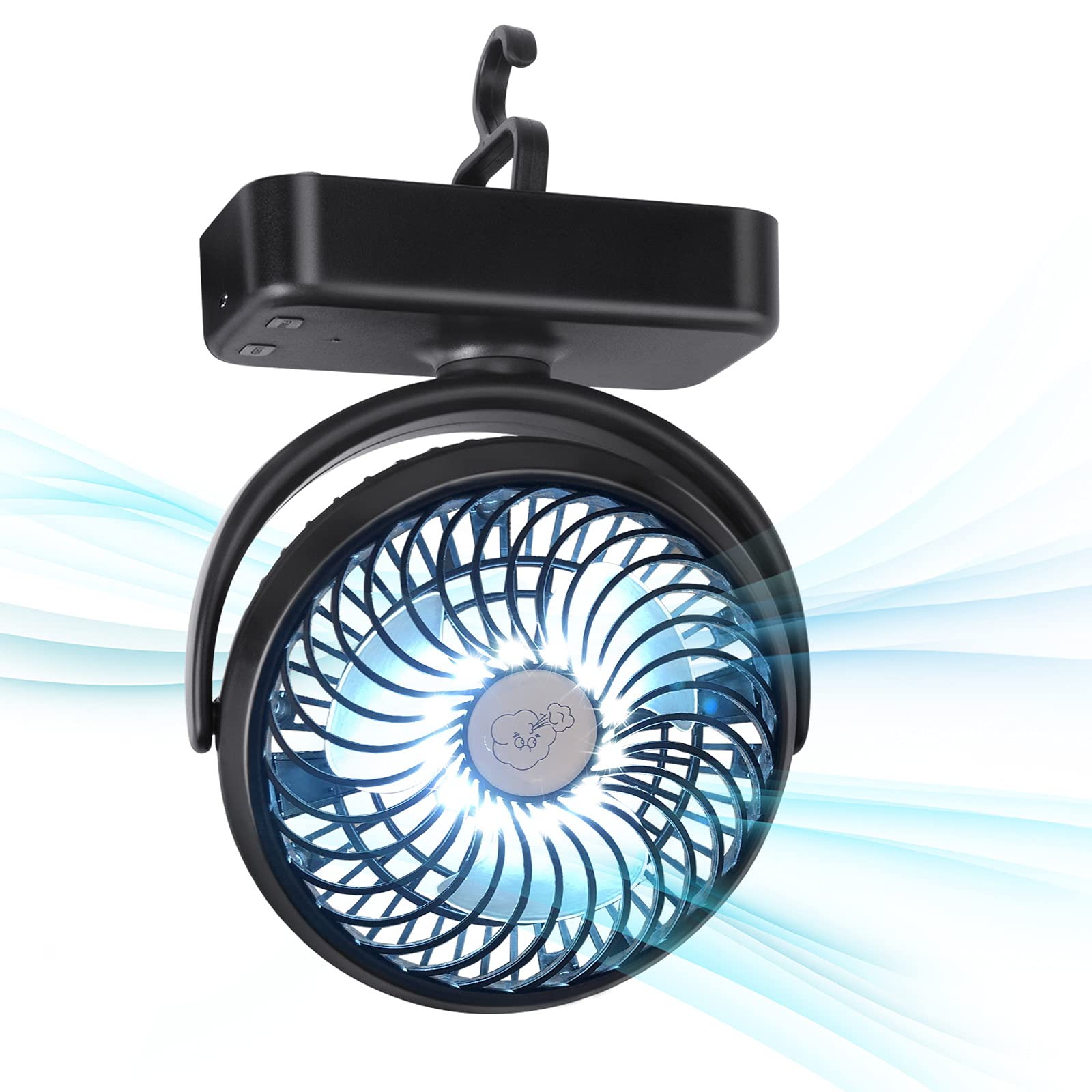 Portable Camping Fan with Light - 5000mAh Rechargeable Battery Operated Oscillating Fan for Tent, Stroller, Outdoor & Indoor Use - Perfect for Camping, Hiking, Baby Strollers and Home Cooling