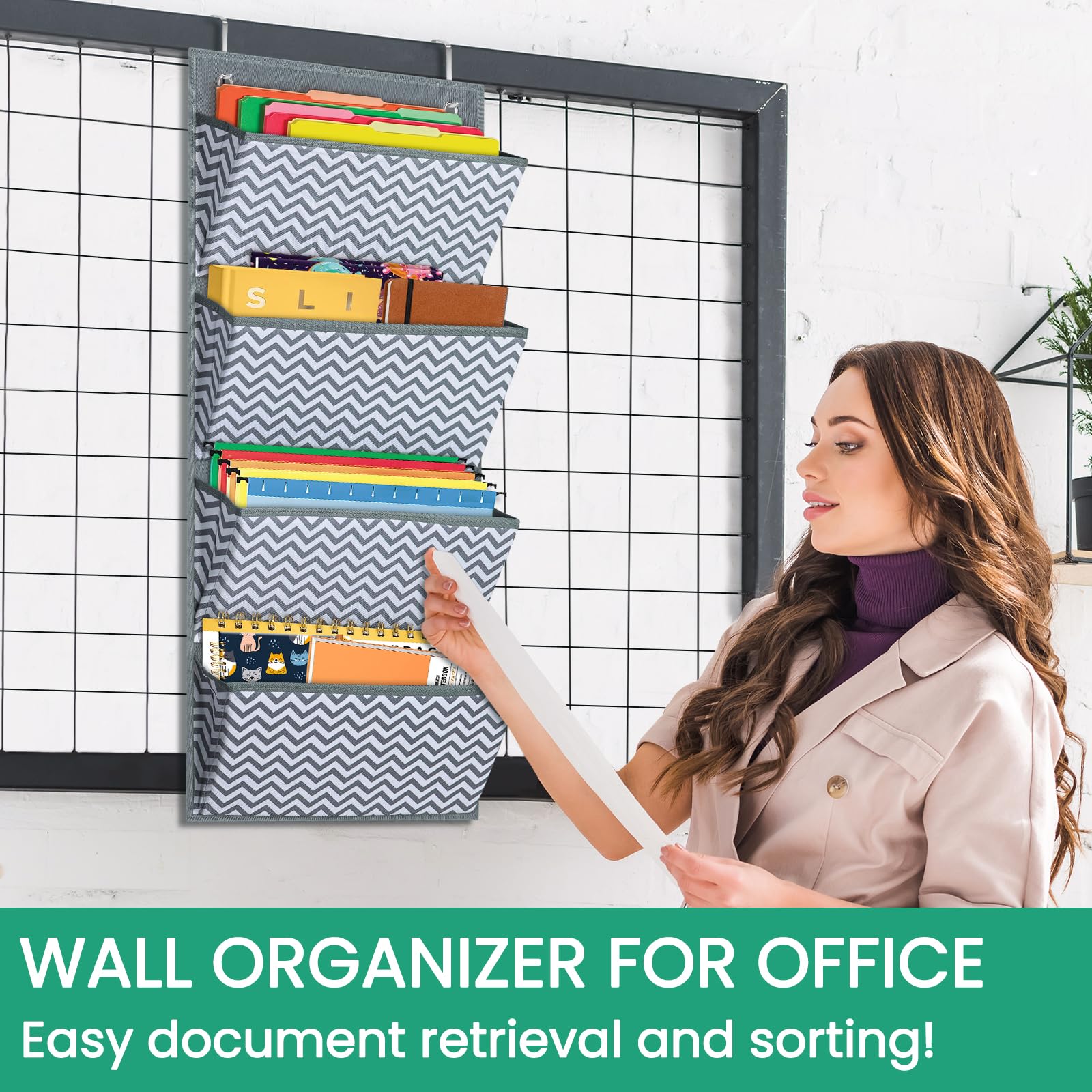 Godery Hanging Wall Organizer - 4 Pocket Fabric File Holder for Office Supplies, Notebooks, Planners & Mail - Wall Mount or Over The Door Storage Solution - Wave Pattern Design - Perfect for Home Office, Dorm Room & Workspace Organization