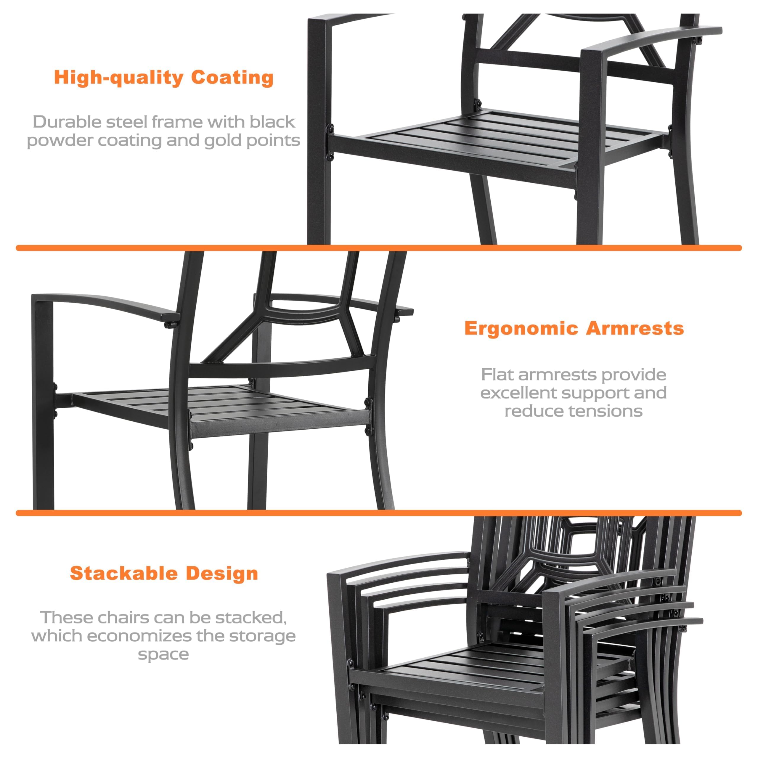 NUU GARDEN Stackable Patio Dining Chairs Set of 2 - Heavy Duty 300Lbs Capacity All-Weather Metal Outdoor Chairs with Armrests - Perfect for Lawn, Porch, Backyard, Deck & Poolside - Black