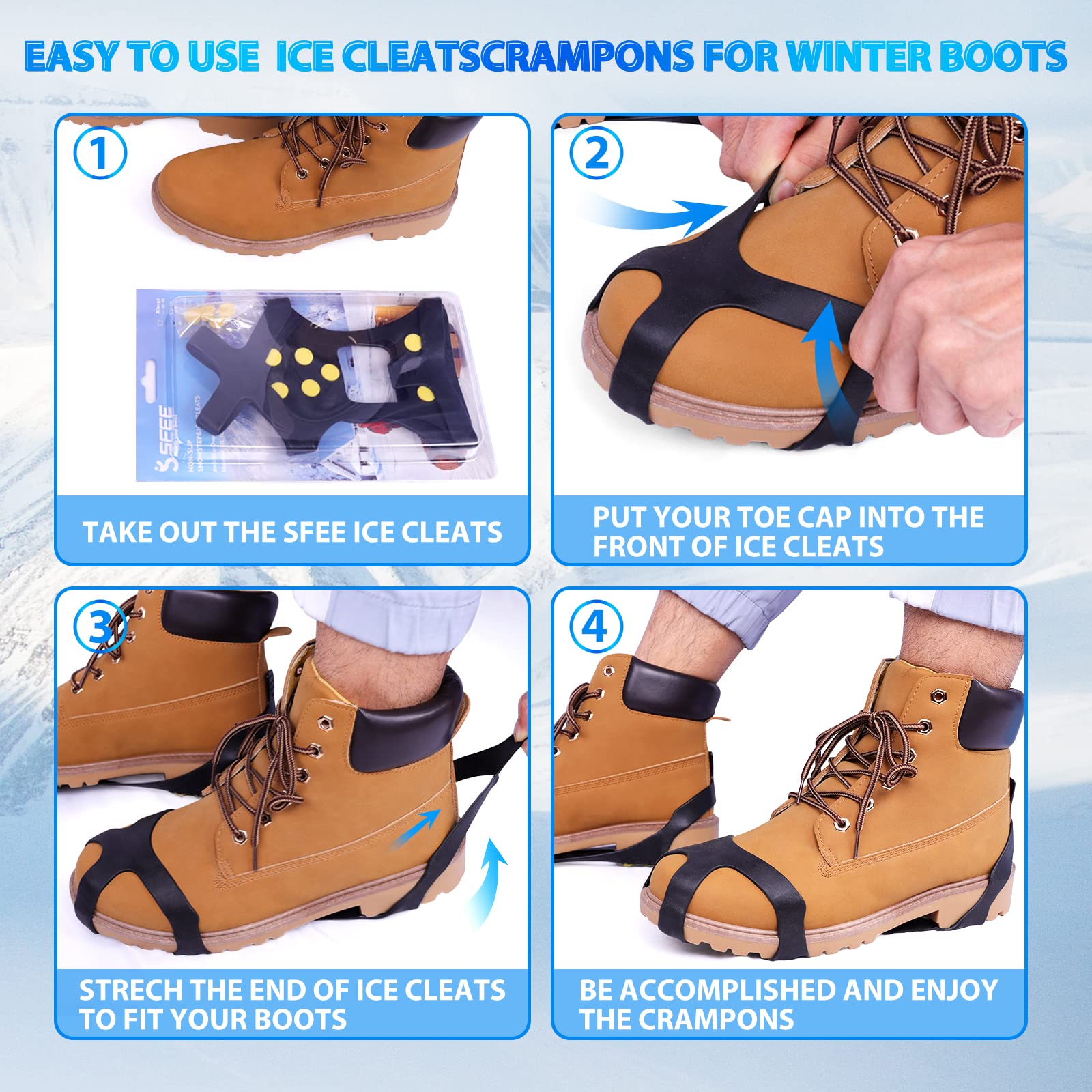 Sfee Ice Cleats for Boots & Shoes - 10 Steel Studs Anti-Slip Traction Crampons for Hiking, Walking, Climbing on Snow & Ice | Winter Safety Gear for Outdoor Activities, Jogging & Daily Commute