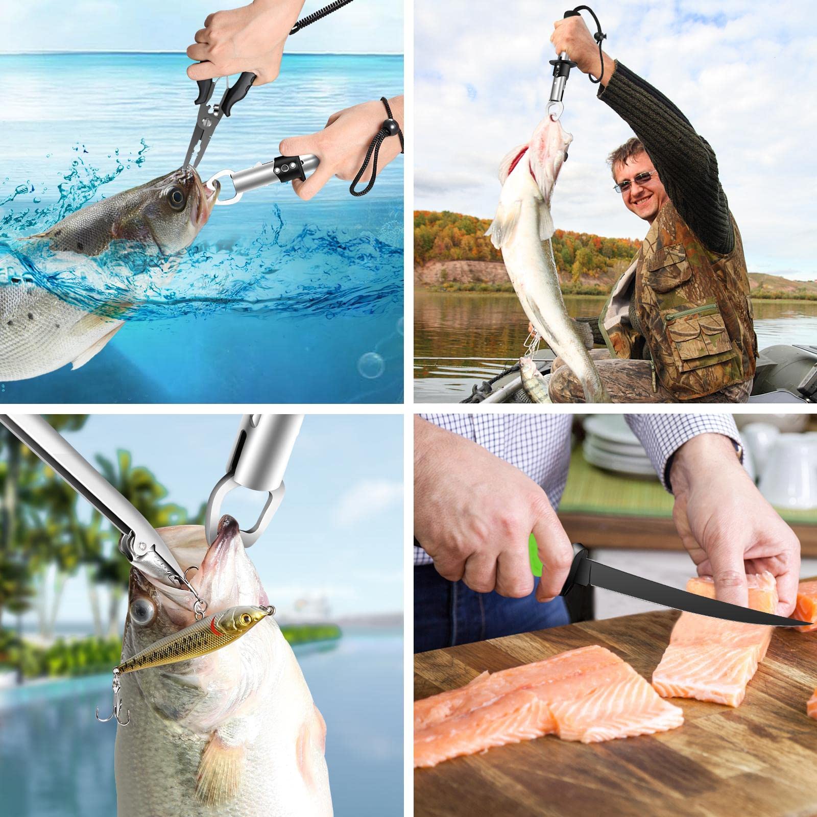 **Premium Fishing Tool Kit - Stainless Steel Fishing Pliers, Hook Remover, Fish Gripper, Scale & Knife | Saltwater & Freshwater Fishing Gear with Sharpeners | Ideal Gift for Anglers & Outdoorsmen | Perfect for Boat, Shore & Ice Fishing Adventures**