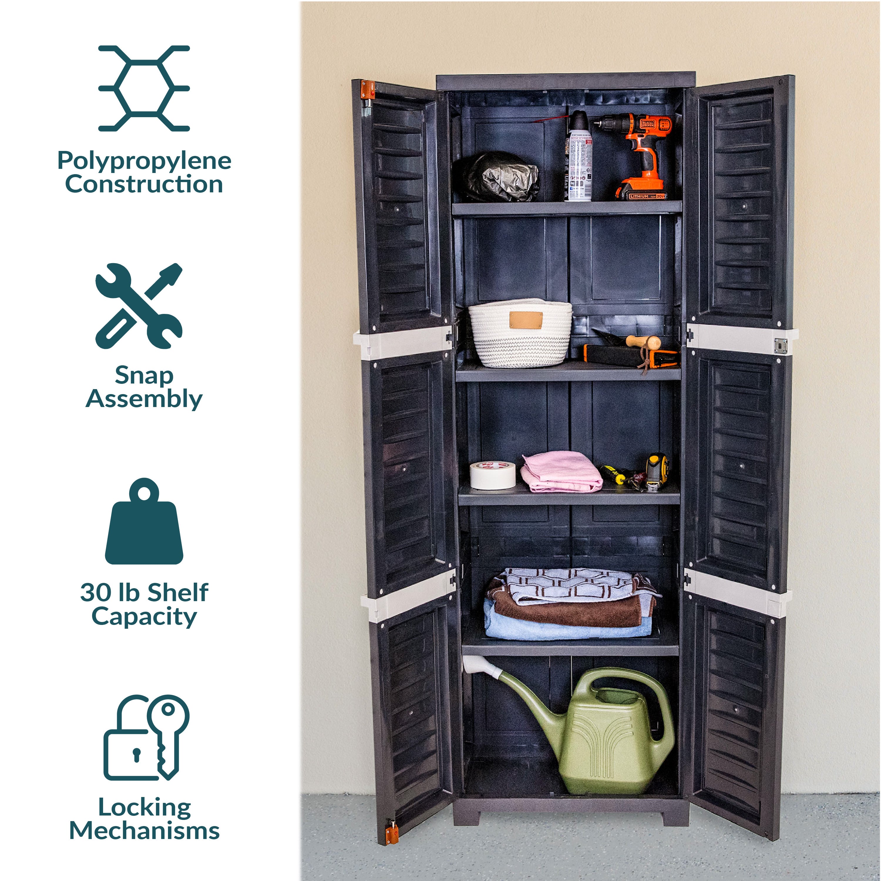 Sunnydaze 4-Shelf Plastic Lockable Storage Cabinet - 72 Inch Heavy Duty Utility Organizer for Garage, Shed, or Outdoor Storage | Weather-Resistant & Secure Shelving Unit
